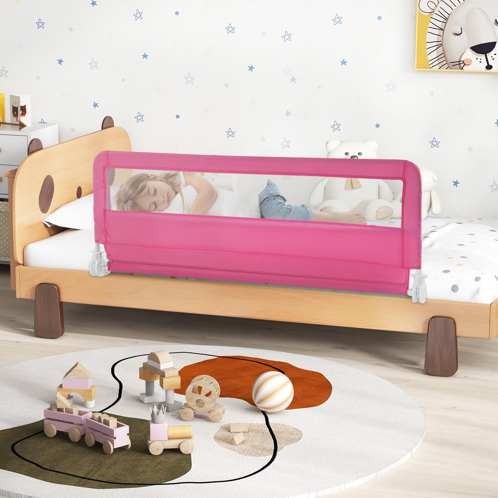 **HONEY JOY 59-inch Extra Long Toddler Bed Rail – Portable Safety Guardrail with Double Child Lock, Foldable Baby Bed Rail for King, Queen, Full & Twin Mattresses (Pink, 2 Pack) – Perfect for Travel, Daycare & Home Safety**