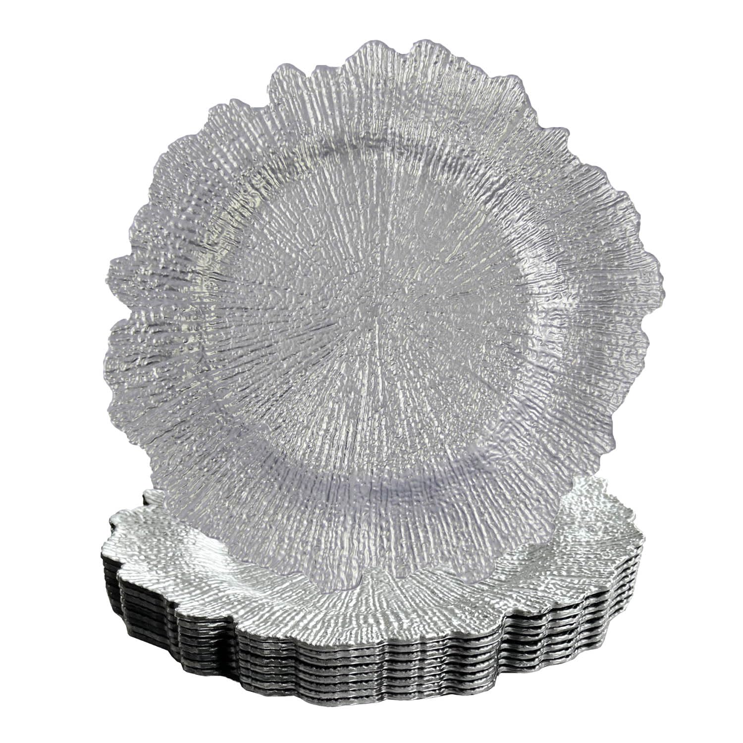 WELMATCH 12-Piece Silver Plastic Reef Charger Plates - 13 Inch Round Floral Sponge Charger Plates for Wedding, Party & Table Decorations - Elegant Dinnerware for Special Occasions