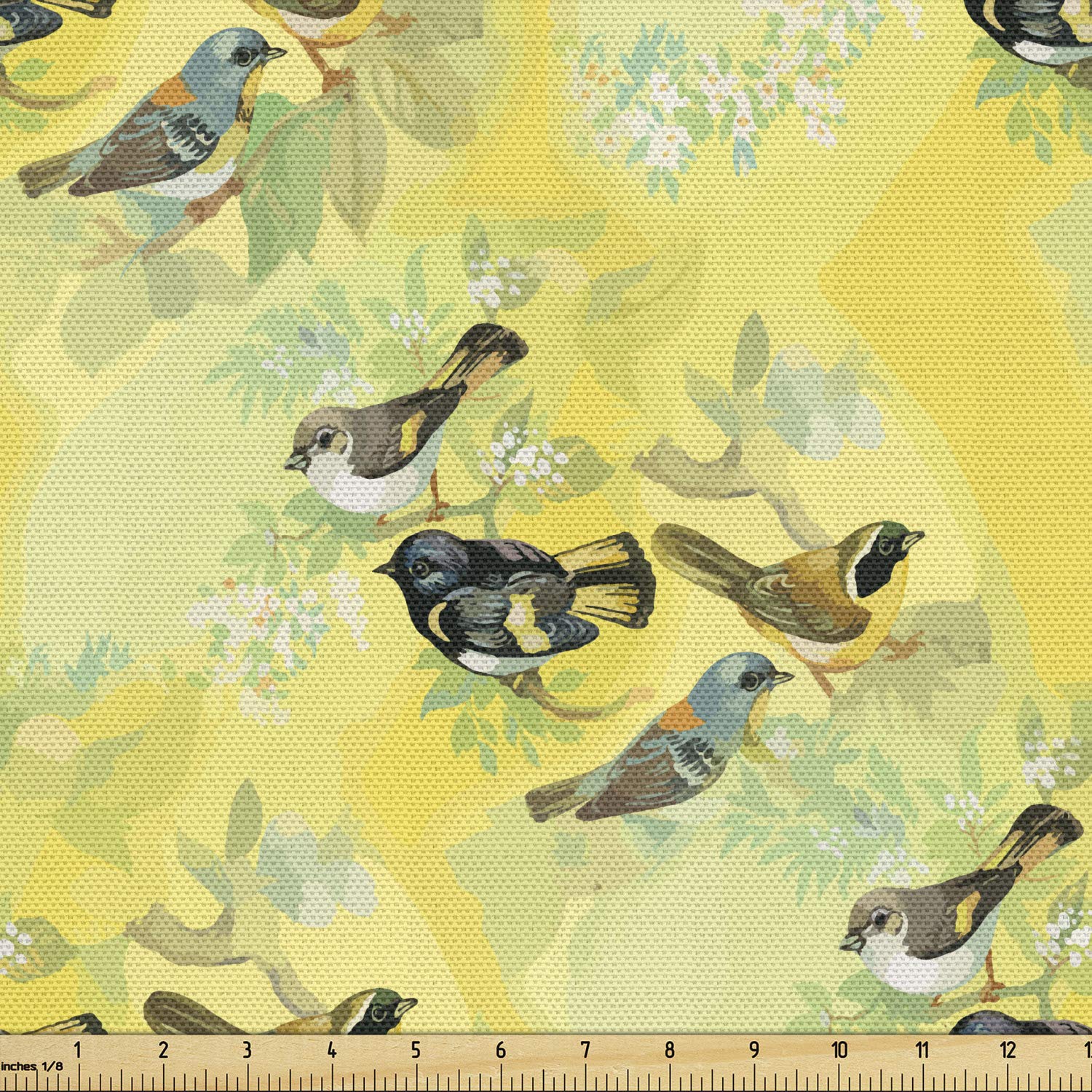 Ambesonne Watercolor Style Bird Fabric by The Yard - Little Birds on Spring Branches Repeating Pattern, Decorative Upholstery Fabric for Sofa, Curtains & Home Decor (2 Yards, Yellow & Multicolor) - Perfect for DIY Projects, Pillow Covers & Nursery Decor