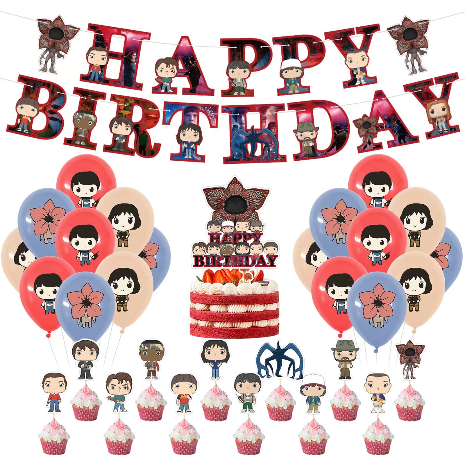 COSBOSS Strang 4 Birthday Party Decorations Kit - 60pcs Balloons, Banner, Cake Toppers & Cupcake Toppers for Kids, Boys, Girls & Women - Perfect for Birthday Parties, Baby Showers & Special Celebrations