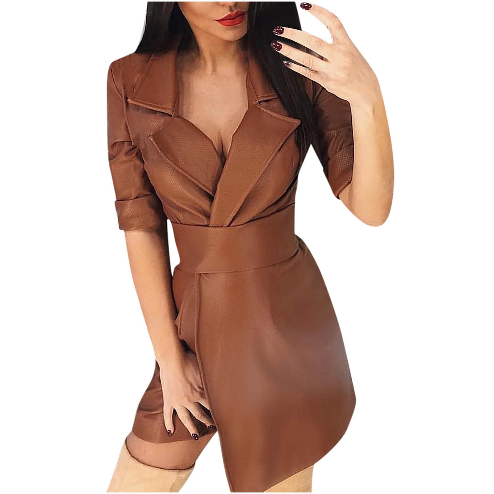 Sexy Women's Leather Blazer Dress - Long Sleeve Bodycon Mini Dress with Wrap Design & Empire Waist for Club Night Out, Party, Date Night & Office Wear