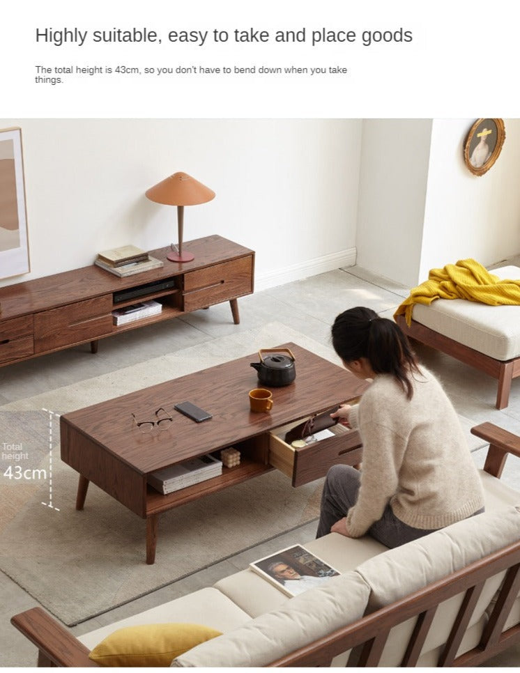 Solid Oak Wood Two-Drawer Coffee Table - Walnut Finish | Rustic Living Room Furniture for Home Decor & Storage
