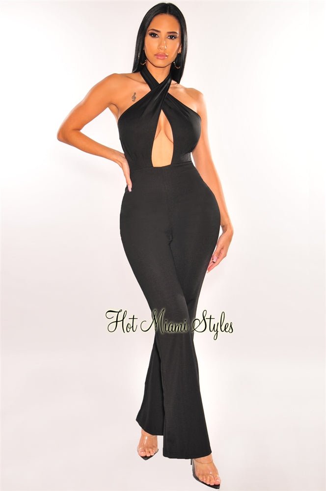 Black Halter CrissCross Cut Out Palazzo Jumpsuit for Women - Sexy Summer Wide Leg Romper with High Waist - Perfect for Beach Vacation, Party & Night Out