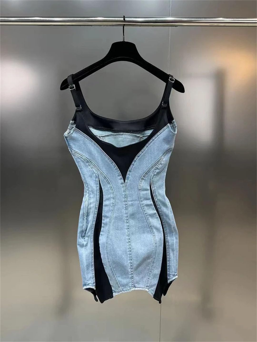 Women's Patchwork Elastic Denim Spaghetti Strap Sleeveless Wrap Dress - Casual Summer Boho Chic Hip Dress for Beach, Vacation & Date Night