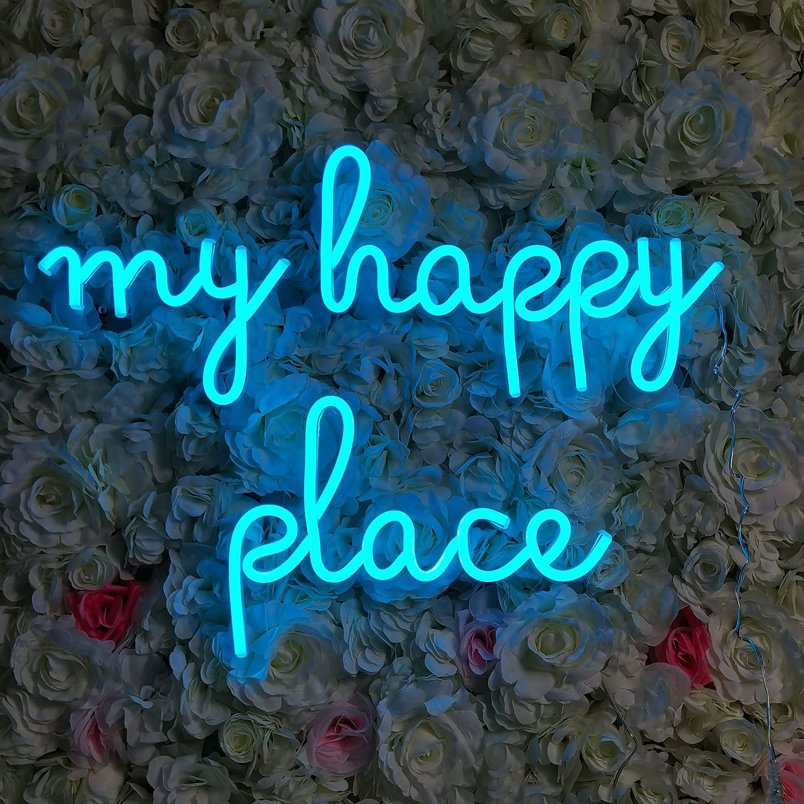 Blue LED Neon Light Sign - 'My Happy Place' Custom Home Wall Art Decor with Acrylic Backboard for Bedroom, Kids Room, Living Room | Perfect for Wedding, Birthday Party & Housewarming Gifts (Ideal for Home Decor, Game Room Lighting & Instagrammable Wall Decor)
