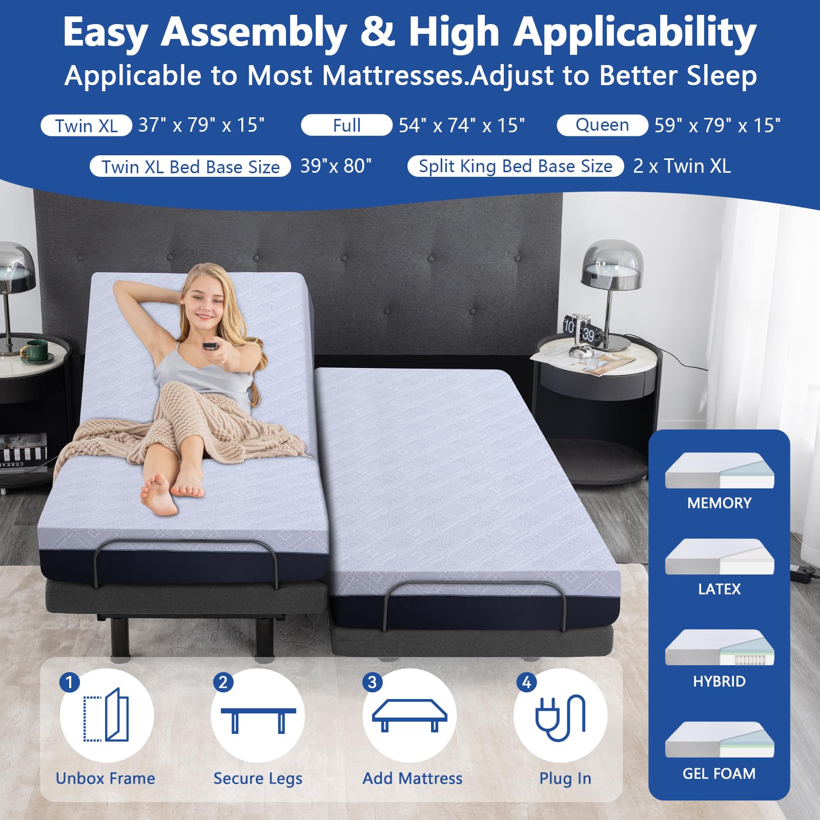 Twin XL Adjustable Bed Frame with 10 Inch Gel Memory Foam Mattress - Medium Firm Mattress in a Box, Sturdy Adjustable Bed Base with Wireless Remote for Head/Foot Lift - Perfect for Home, Guest Room and Small Spaces
