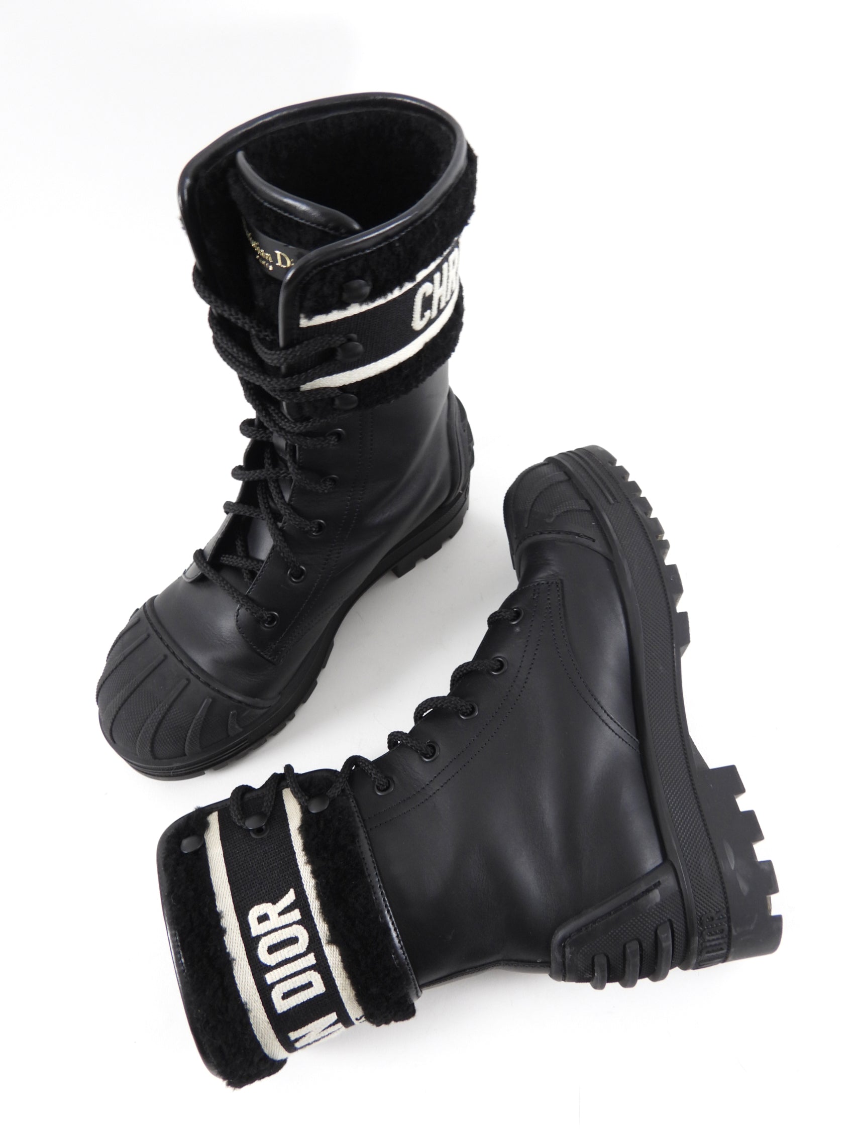 Christian Dior D Major Black & White Shearling Ankle Boots - Women's Luxury Winter Fashion Shoes for Casual Outings & Evening Events