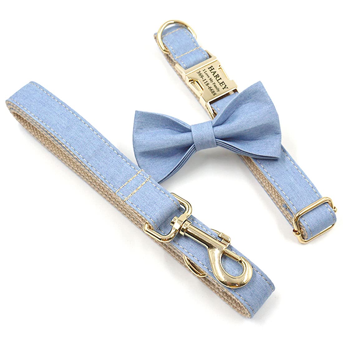 Personalized Denim Dog Collar with Engraved Name & Phone Number - Gold Metal Buckle, Light Blue Jean Pet Collar for Large & Medium Dogs - Perfect for Weddings, Birthdays & Special Occasions (XL Size with Bow Tie) - Durable & Stylish Dog Accessory for Daily Walks & Photo Shoots