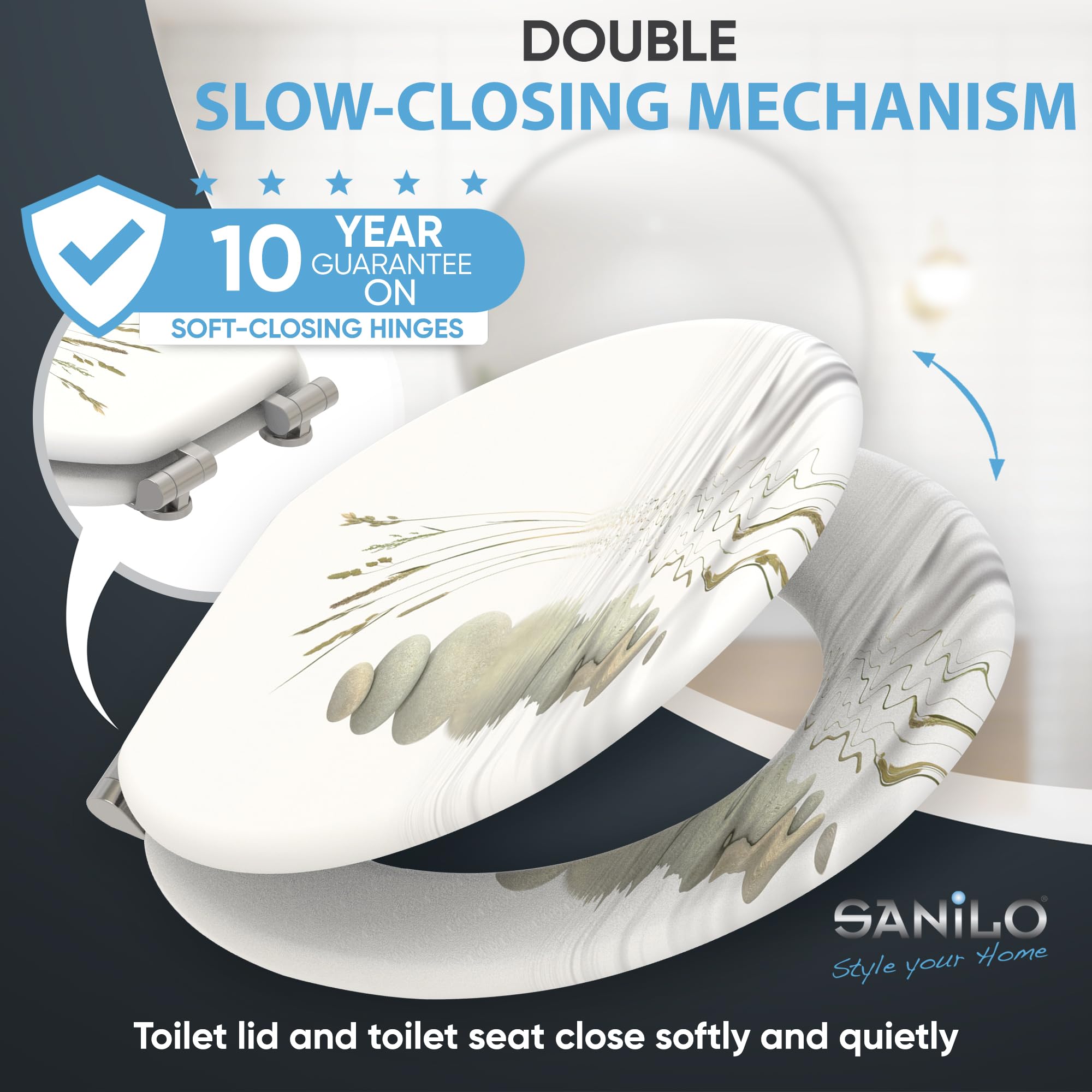 Sanilo Soft Close Toilet Seat ROUND - Quiet Slow Closing Lid & Seat with Strong Bumpers & Hinges - Balanced Design for Bathroom Comfort - Perfect for Homes, Hotels & Restrooms