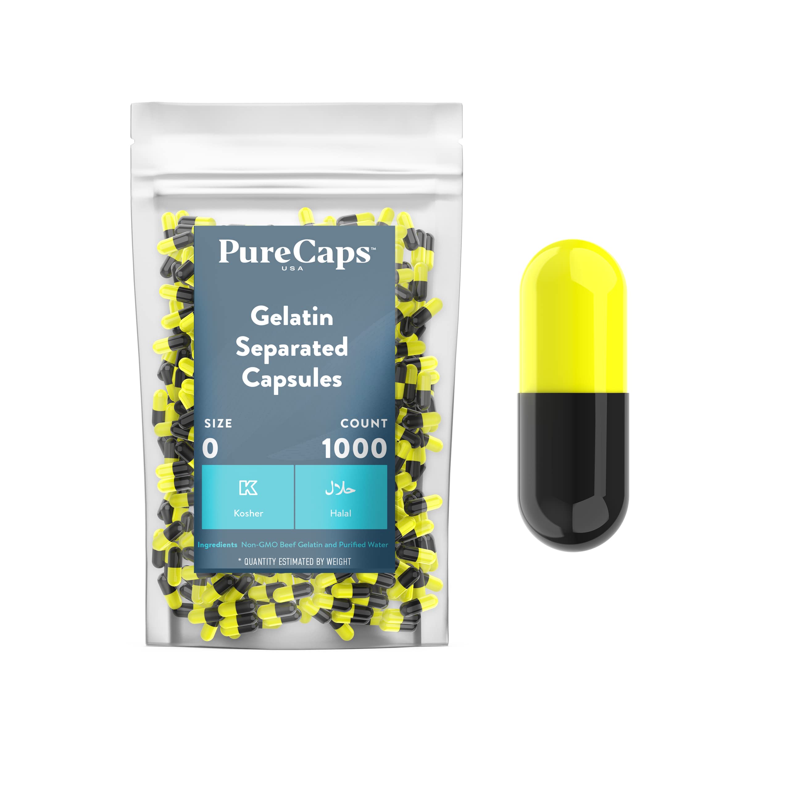 PureCaps USA - Size 0 Empty Gelatin Capsules (1,000 Count) - Black & Yellow - Non-GMO Certified - SLS, Gluten & Preservative Free - Perfect for DIY Supplements, Herbal Remedies & Vitamin Filling