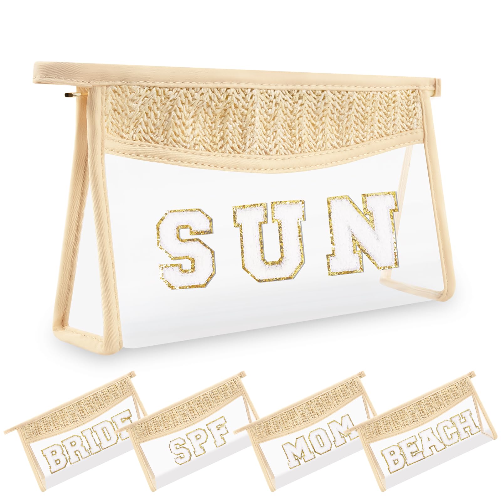 Boho Straw Clear Zipper Cosmetic Bag for Women & Girls - Chenille Varsity Letter Patch Makeup Pouch, Cute Preppy Toiletry Organizer - Perfect for Beach Travel, Gym Essentials & Daily Storage