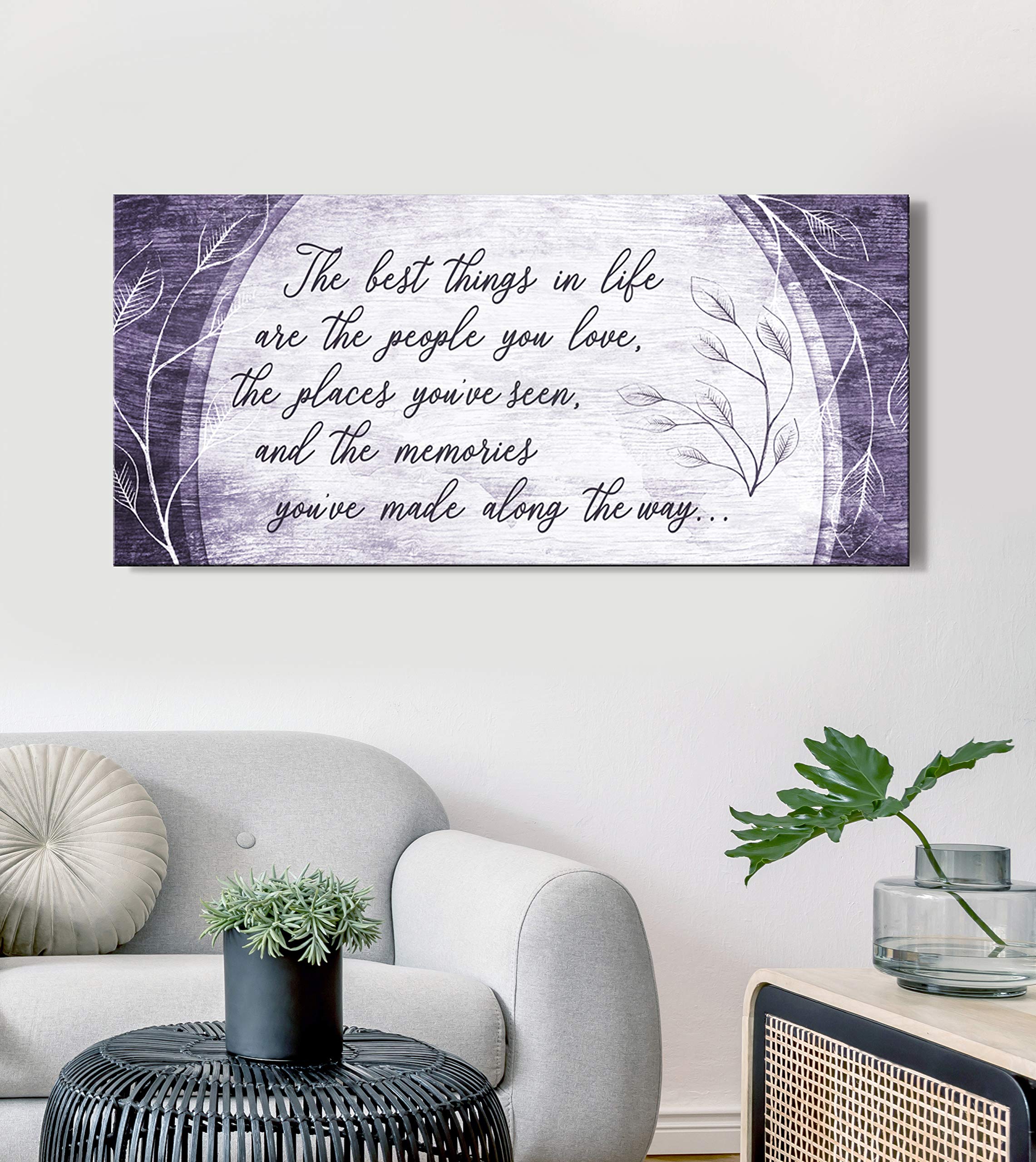 Best Things in Life Are The People You Love Quote Wall Art - Purple Wood Framed Canvas Print (60x27 inches) - Ready to Hang Home Decor for Living Room, Bedroom & Office - Inspirational Family Sign Gift