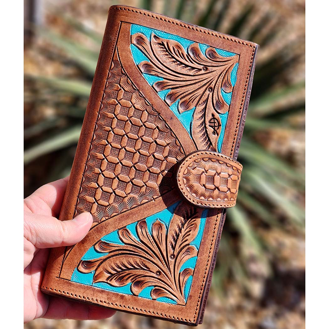 Handcrafted American Darling Tooled Leather Wallet with Turquoise Accent - Stylish Bifold Design for Men & Women - Perfect for Everyday Use, Travel & Gifts
