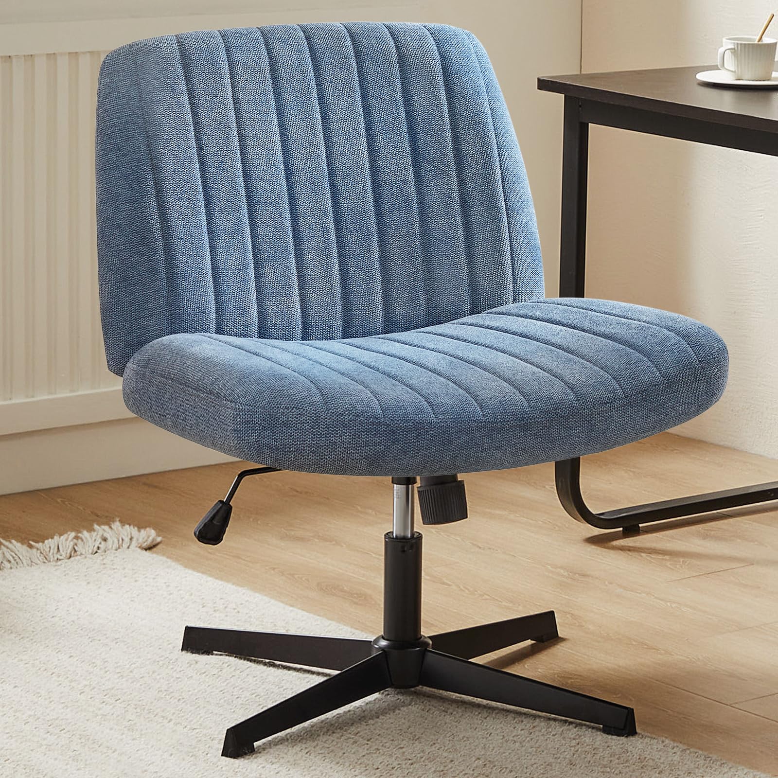Sweetcrispy Criss Cross Chair - Armless Office Desk Chair Without Wheels, Swivel Vanity Chair with Height Adjustable Wide Seat, Modern Fabric Computer Task Chair in Blue - Perfect for Home Office, Study Room, and Makeup Vanity Areas