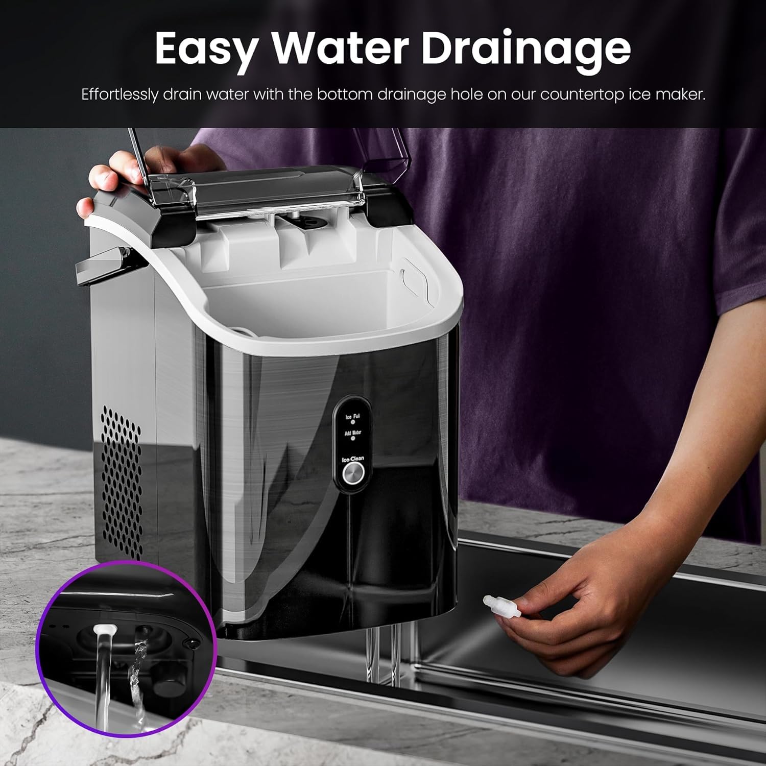 Kismile Countertop Nugget Ice Maker - Portable Sonic Ice Machine with Self-Cleaning & One-Touch Operation for Home, Office, Bar, or Party (Stainless Steel Black) - Perfect for Cocktails, Sodas, and Beverages