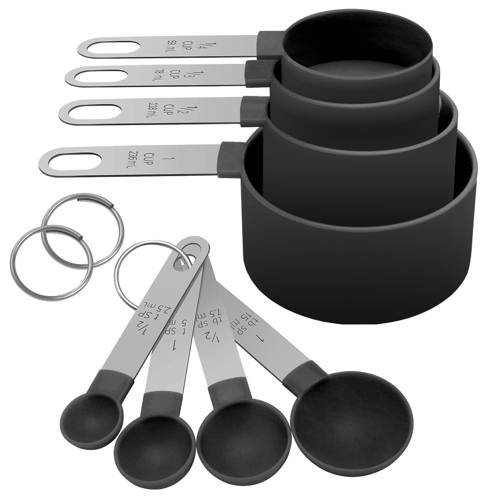 **Stainless Steel Measuring Cups and Spoons Set - Nesting Dry & Liquid Measuring Cups with Plastic Handle - Essential Baking & Cooking Tools for Kitchen (Black)**    *Perfect for baking, cooking, meal prep, and precise ingredient measurement in professional and home kitchens.*