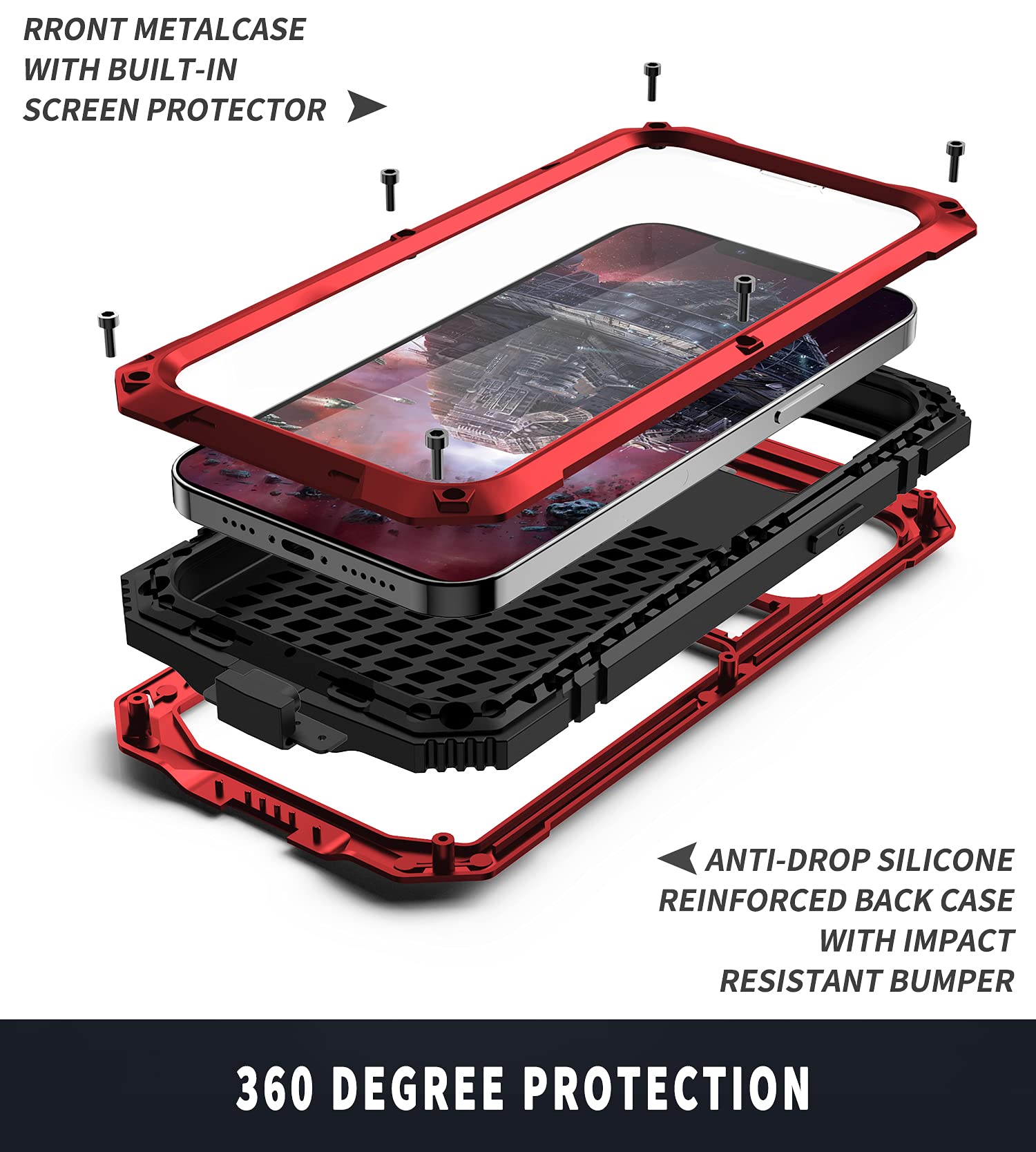 Premium Shockproof Metal Phone Case for iPhone 13 Pro Max (6.7 Inch) - Heavy Duty Protection with Built-in Screen Protector & Stand | Perfect for Outdoor Sports, Travel & Daily Use (Red, 2021 Model)