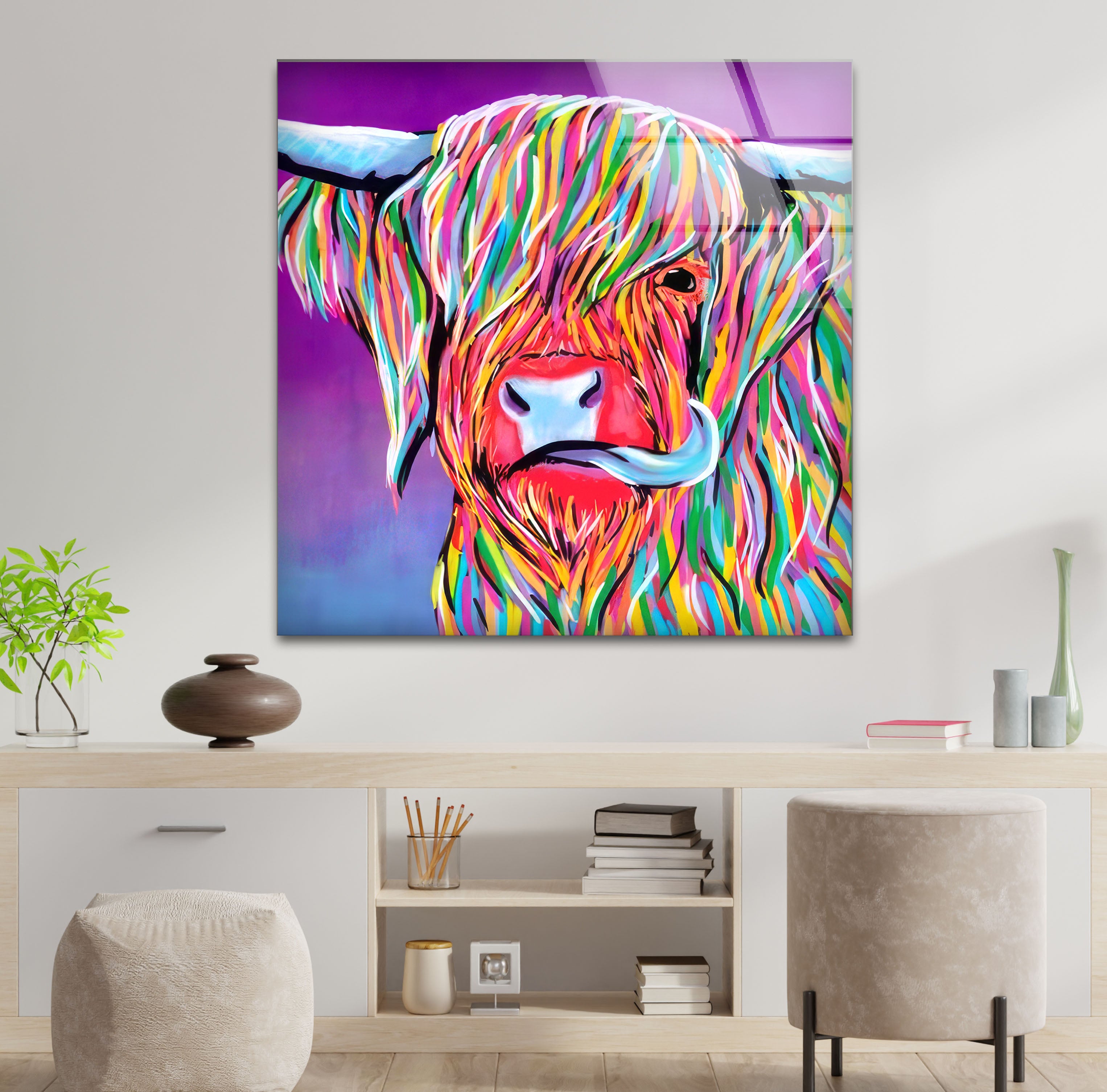 Vibrant Highland Cow Wall Art - Modern Pop Animal Glass Print Decor for Living Room, Bedroom & Office