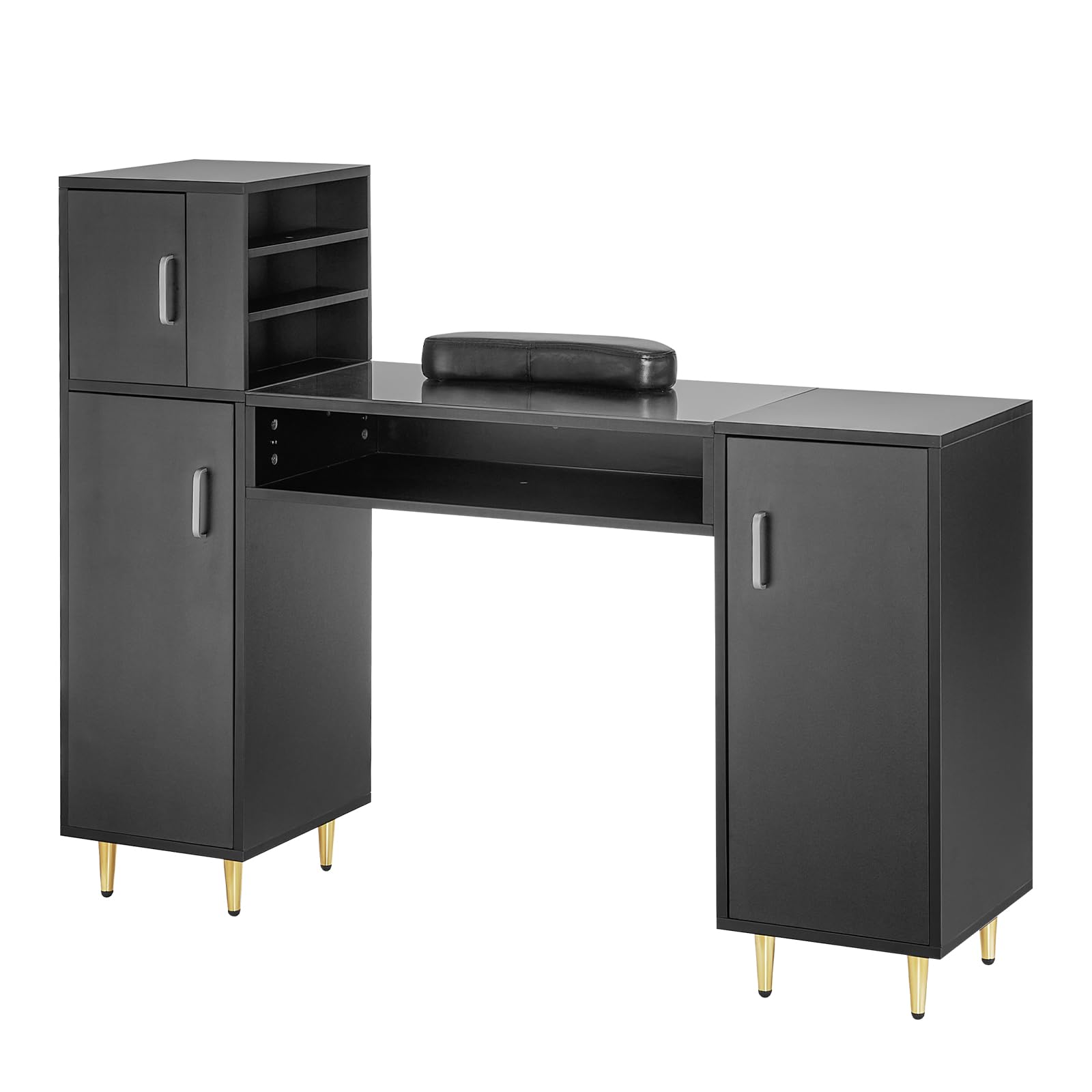 VEVOR Professional Manicure Table with Glass Top & Storage Cabinets - Acetone-Resistant Nail Tech Desk for Salon & Spa - Beauty Workstation with Wrist Rest & 8 Metal Legs (Black) - Perfect for Nail Artists, Makeup Application & Salon Professionals