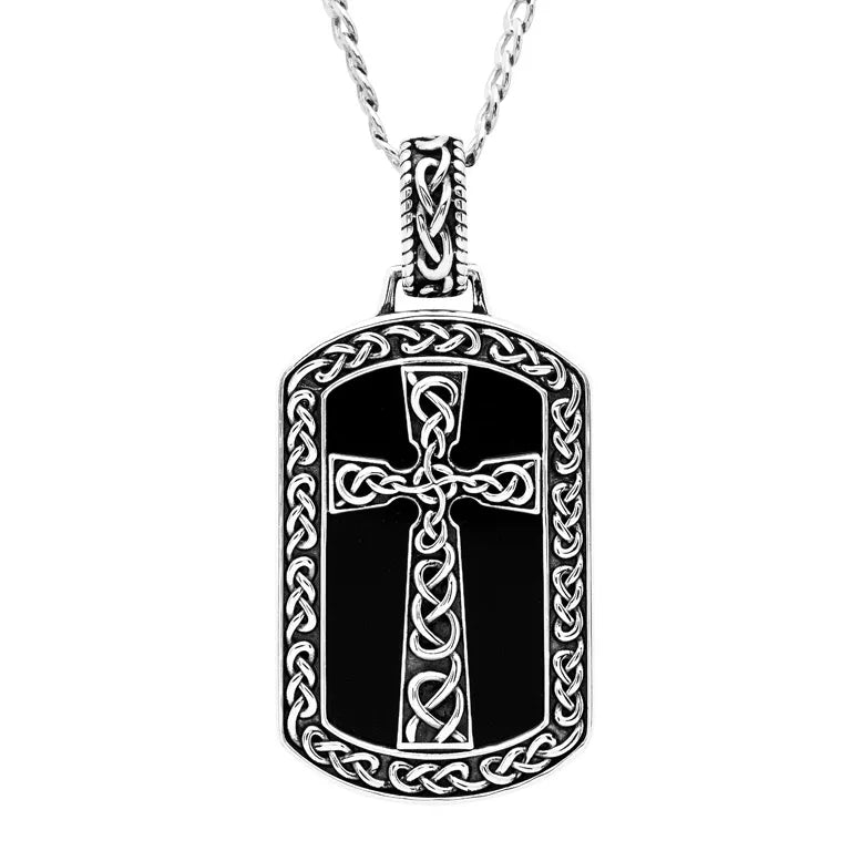 Large Sterling Silver Men’s Onyx Celtic Cross Dog Tag Necklace - Religious Pendant for Men, Gothic Jewelry Gift for Him - Perfect for Everyday Wear, Special Occasions & Spiritual Protection