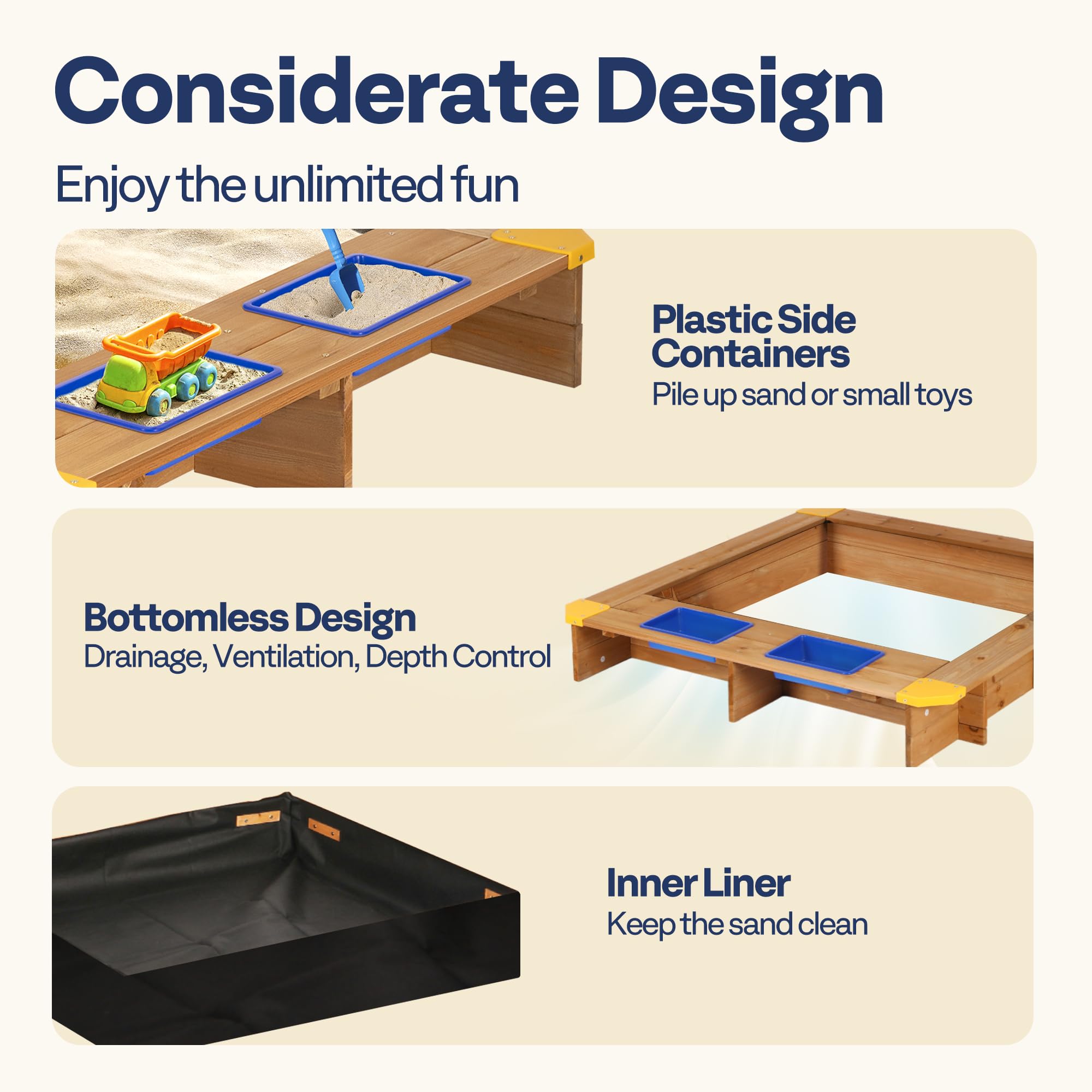 VIVOHOME 47 Inch Wooden Sandbox with 2 Plastic Side Containers & Rotatable UV-Resistant Canopy - Outdoor Kids Sandbox for Backyard, Beach, Park, and Playground Fun