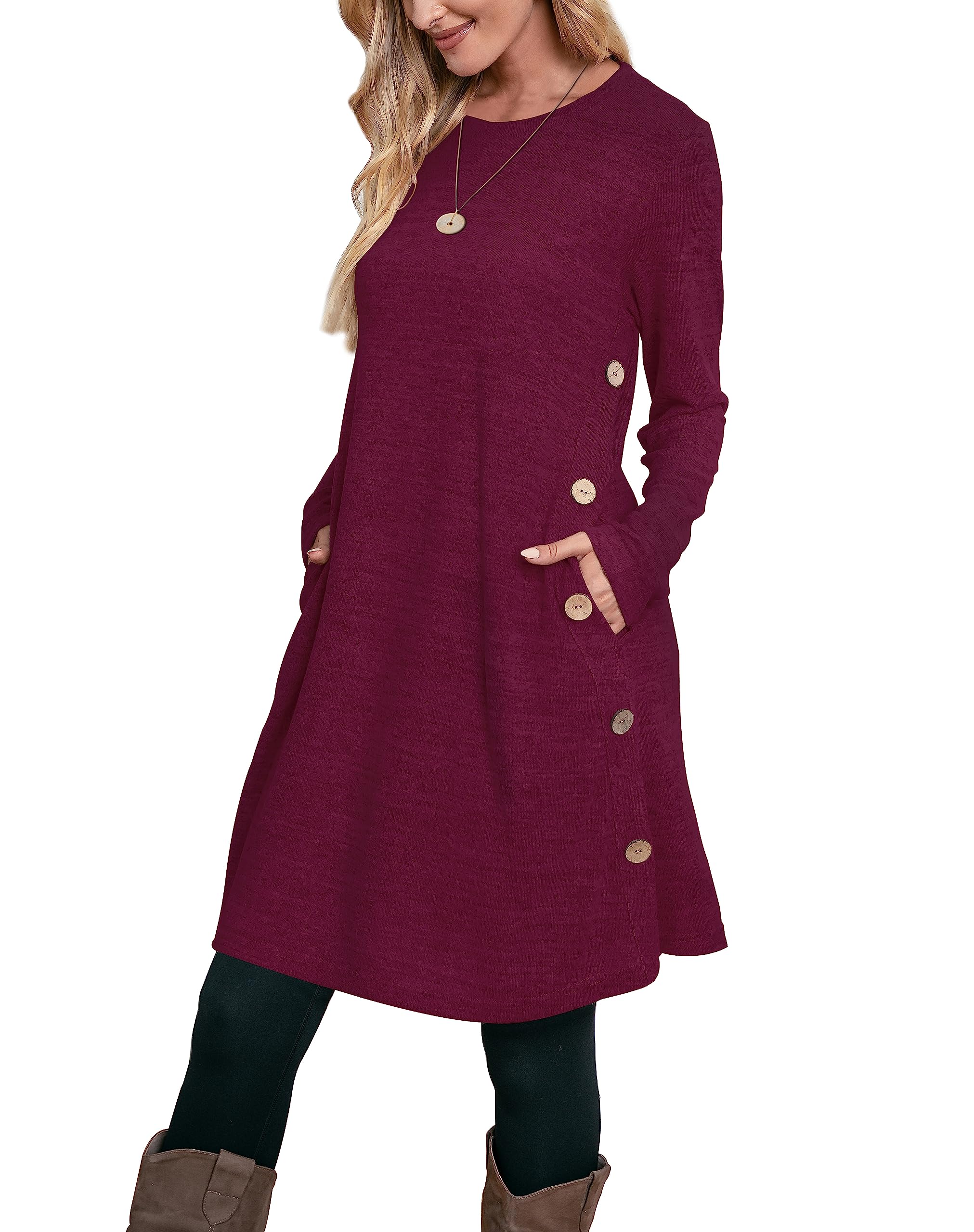 Aokosor Women's Long Sleeve Button Down Jumper Dress with Pockets - Elegant Tunic Style for Work, Date Night & Casual Outings