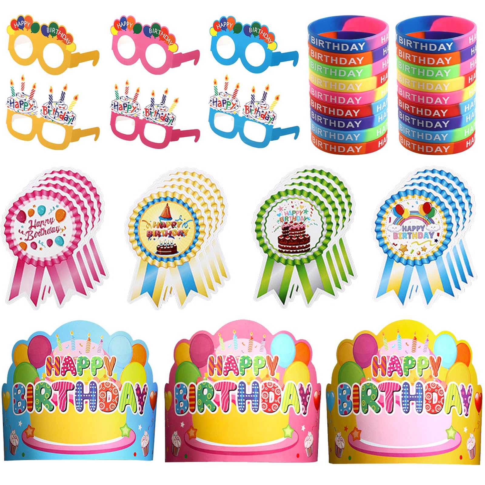 Yunsailing 144-Piece Birthday Party Supplies Kit for Kids - 36 Crowns, 36 Funny Paper Sunglasses, 36 Badge Stickers & 36 Silicone Wristbands (Colorful) - Perfect for Classroom Celebrations, Birthday Parties & Carnival Events