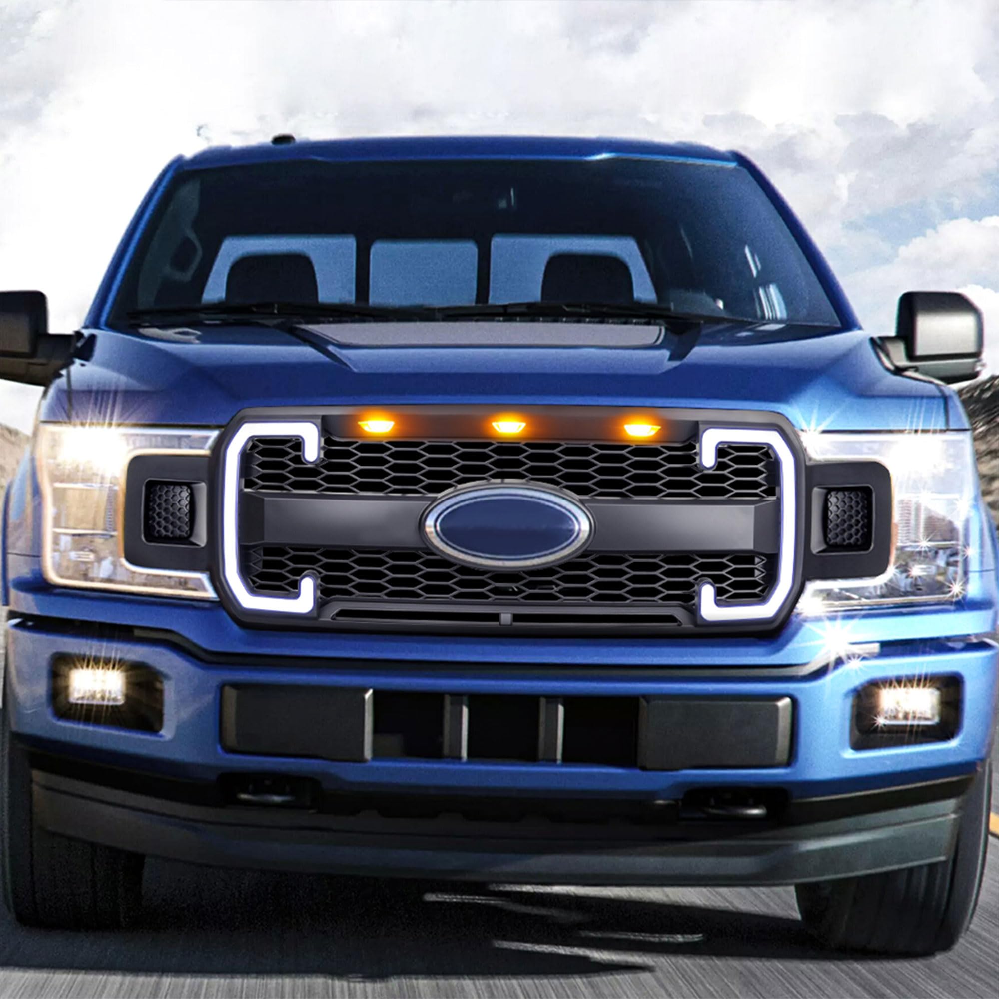 Raptor Style Mesh Front Grille with DRL & Turn Signals for Ford F150 (2018-2020) | Matte Black | Emblem Base | Off-Road & Street Style Upgrade