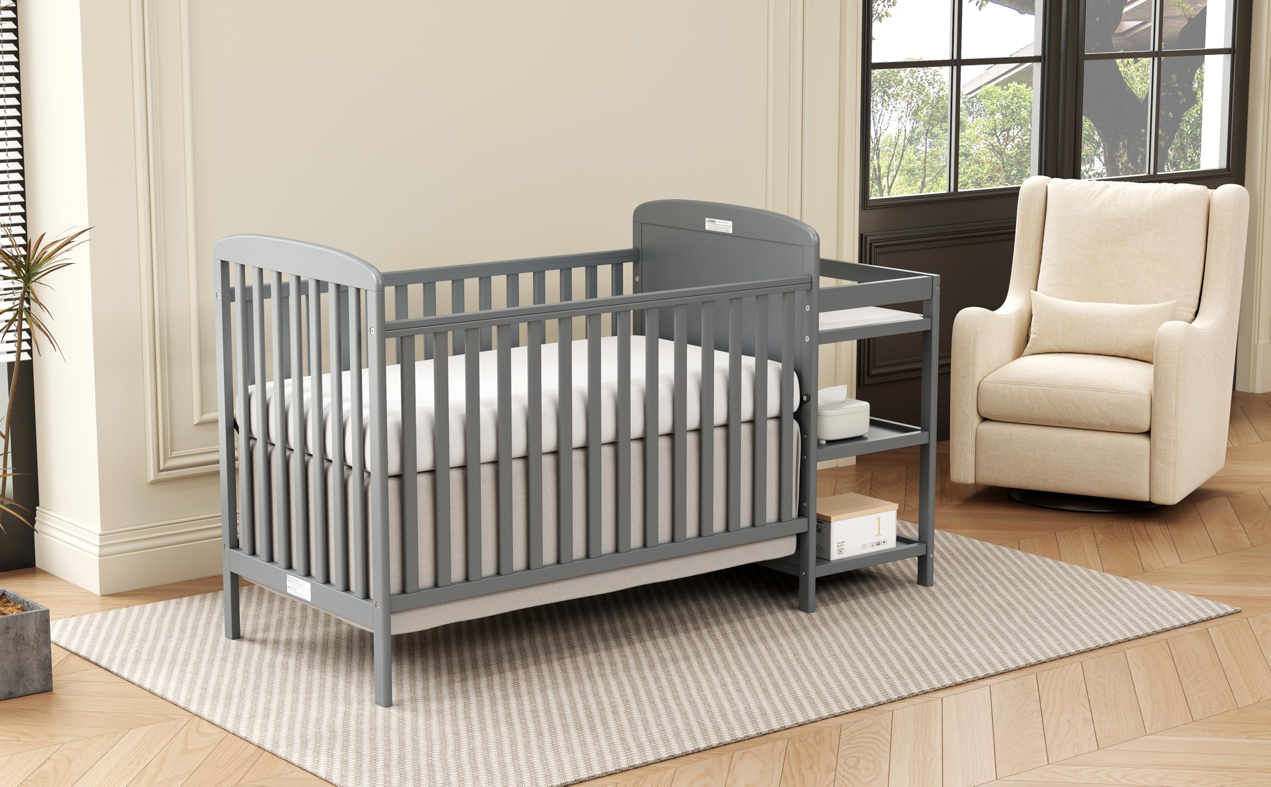 3-in-1 Convertible Baby Crib with Changing Table - Full Size Wooden Crib Converts to Toddler Bed & Daybed - Nursery Furniture with Storage Space, 3 Adjustable Mattress Heights, Non-Toxic Finish (Storm Grey) - Perfect for Small Nursery Rooms & Growing Toddlers