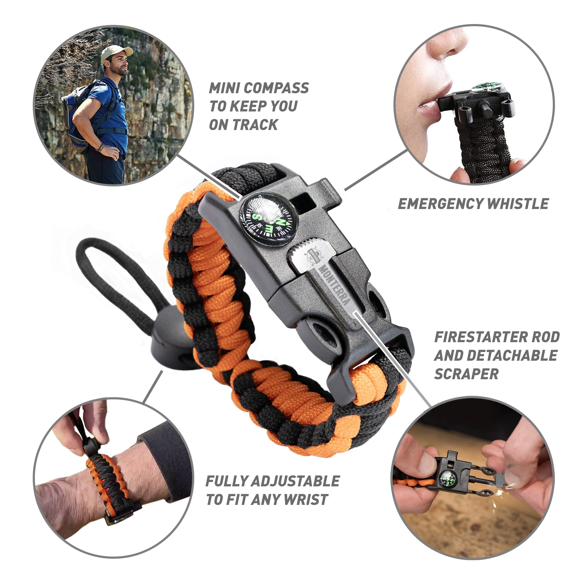 3 Pack Paracord Survival Bracelet with Firestarter, Compass & Whistle - Adjustable Emergency Gear for Camping, Hiking, Trekking, Fishing & Hunting - Perfect for Outdoor Adventures and Survival Situations