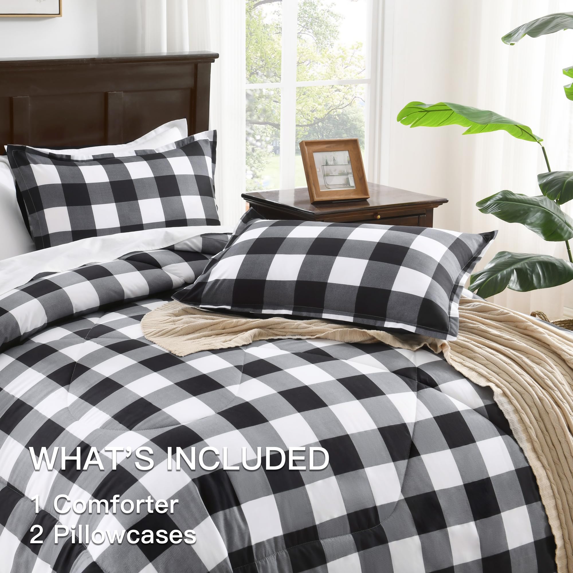 Andency Black Plaid King Size Comforter Set (90x104 Inch) - 3 Piece Buffalo Check Bedding with Lightweight Microfiber Down Alternative Comforter & 2 Pillowcases - Perfect for Summer, Guest Room & Cozy Bedroom Decor