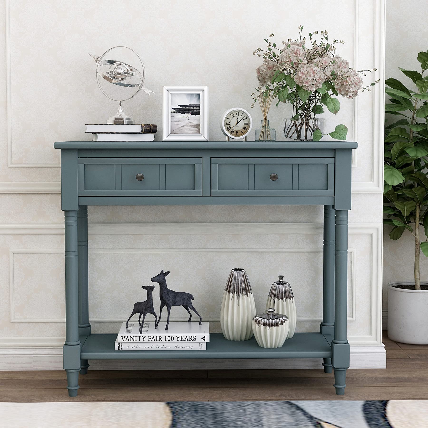 P PURLOVE Navy Wooden Console Table with 2 Drawers & Bottom Shelf - Entryway Sofa Table, Hallway Sideboard, Bedroom Storage Furniture for Home Decor