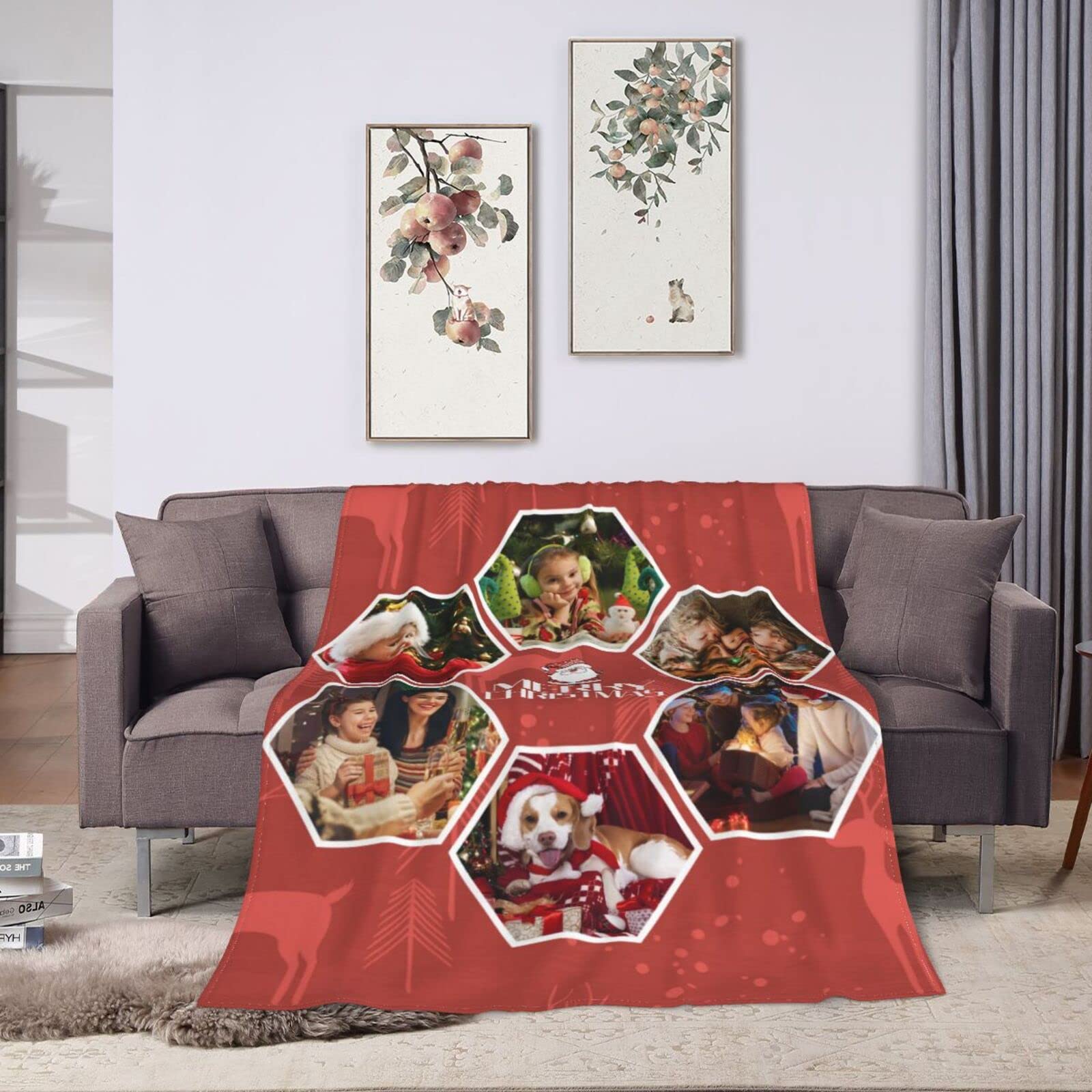 Merry Christmas Throw Blanket - Cozy Winter Holiday Fleece Flannel Blanket with Red Reindeer Design | Personalized Custom Blanket with 6-Photo Collage | Perfect for Sofa, Bed & Holiday Decor