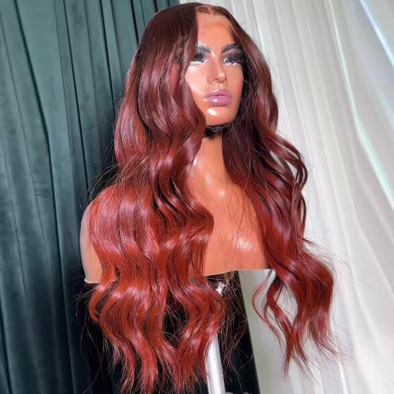 Eullair Ombre Reddish Brown Loose Wavy Human Hair Wig with Curtain Bangs - Layered Cut Glueless Lace Front Wig for Women | Perfect for Daily Wear, Cosplay & Special Occasions