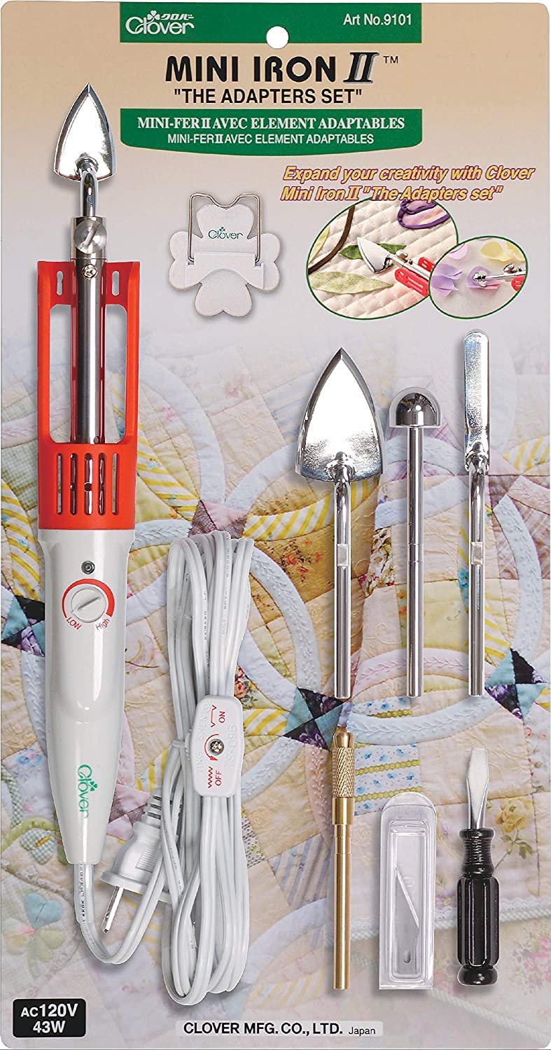 Clover Mini Iron II with Adapter Set - Perfect for Sewing, Quilting & Crafting Projects | Portable Iron for Fabric, DIY Crafts & Home Decor | Model #9101