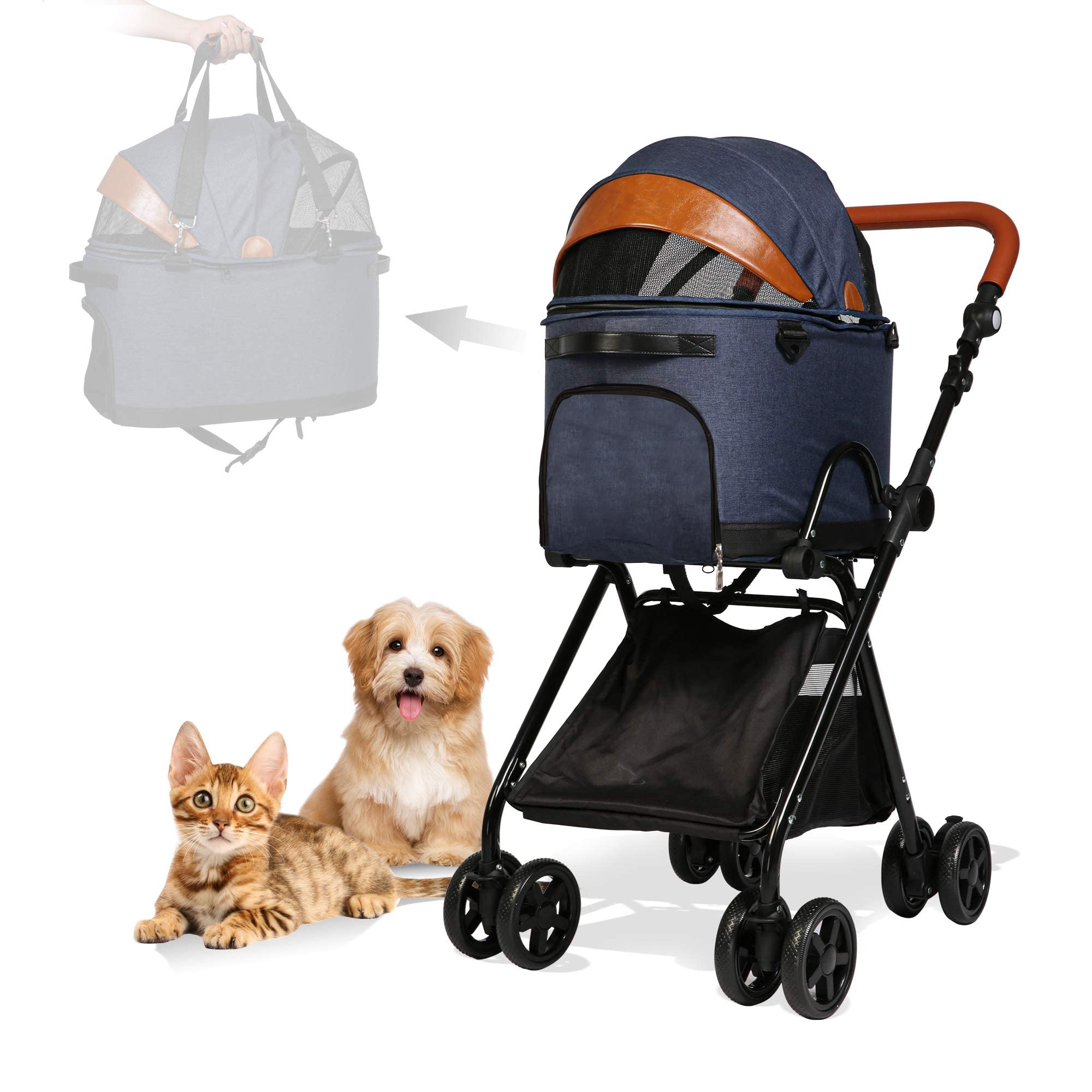 LUCKYERMORE Premium 2-in-1 Folding Pet Stroller & Carrier for Medium Dogs & Cats - Adjustable Handle, Detachable Car Seat - Perfect for Travel, Shopping & Vet Visits