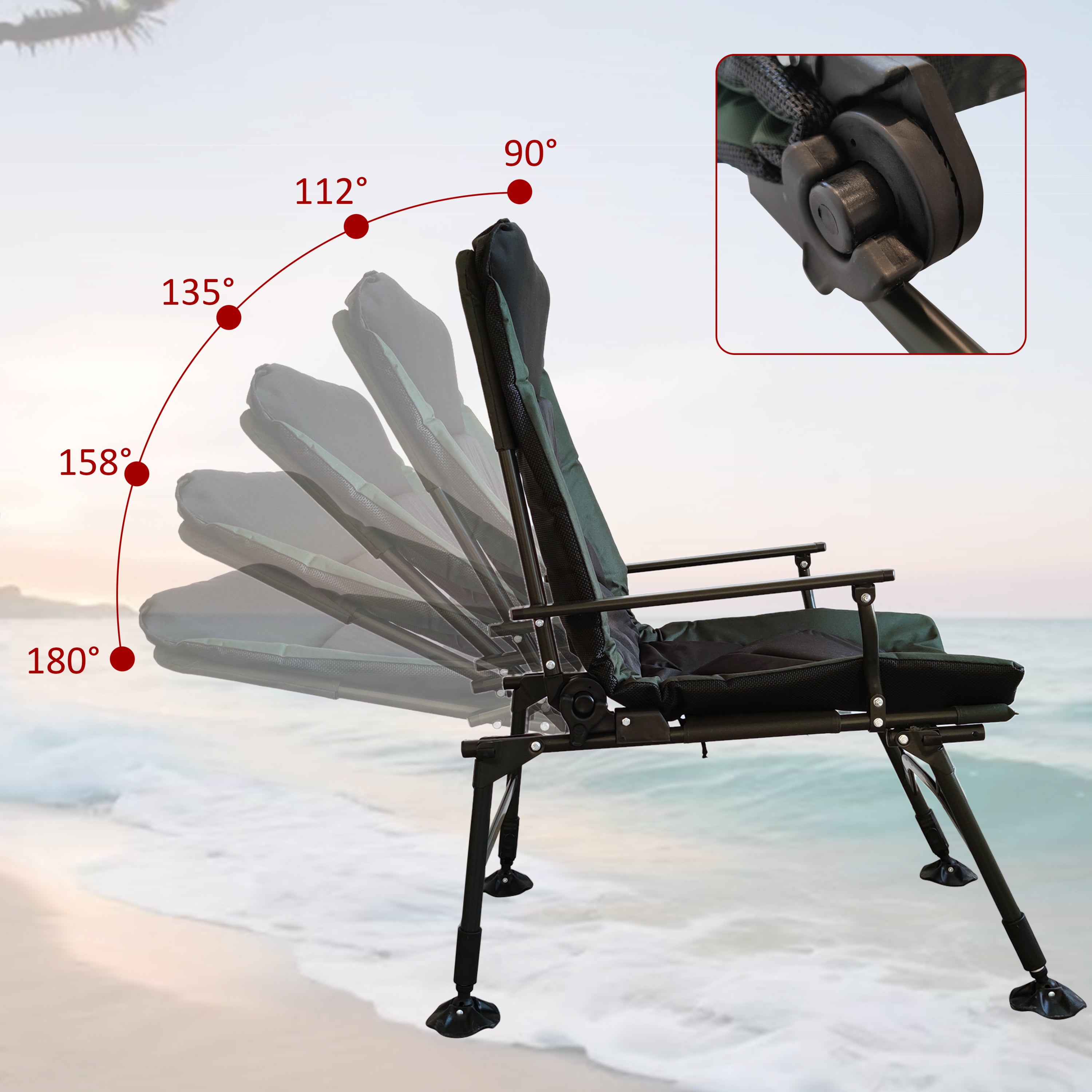 Portable Folding Reclining Camping Chair with Adjustable Backrest - Lightweight Outdoor Lounge Chair for Camping, Beach, Hiking, Fishing, Picnics & Backyard Relaxation (Green & Black)
