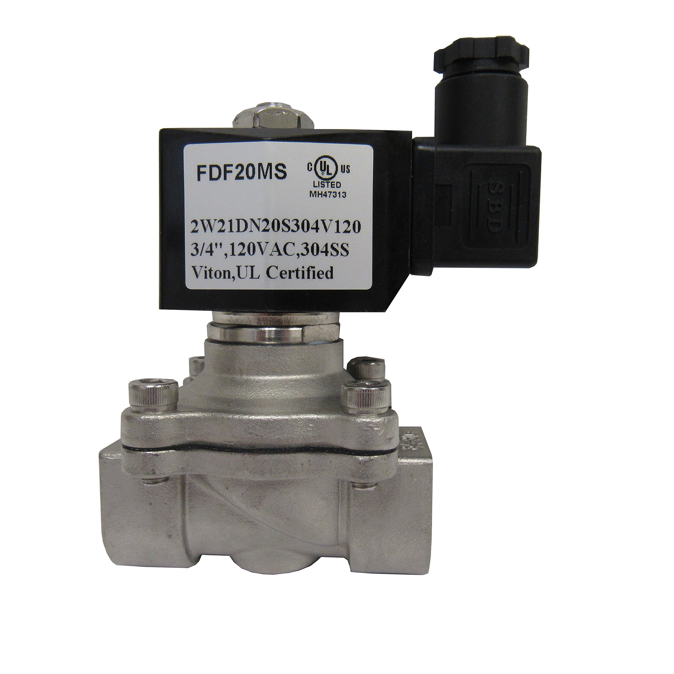 3/4 Inch NPT Solenoid Valve 120VAC - 304 Stainless Steel with VITON Seals - Normally Closed for Water, Air, and Oil Control in Industrial and Home Applications