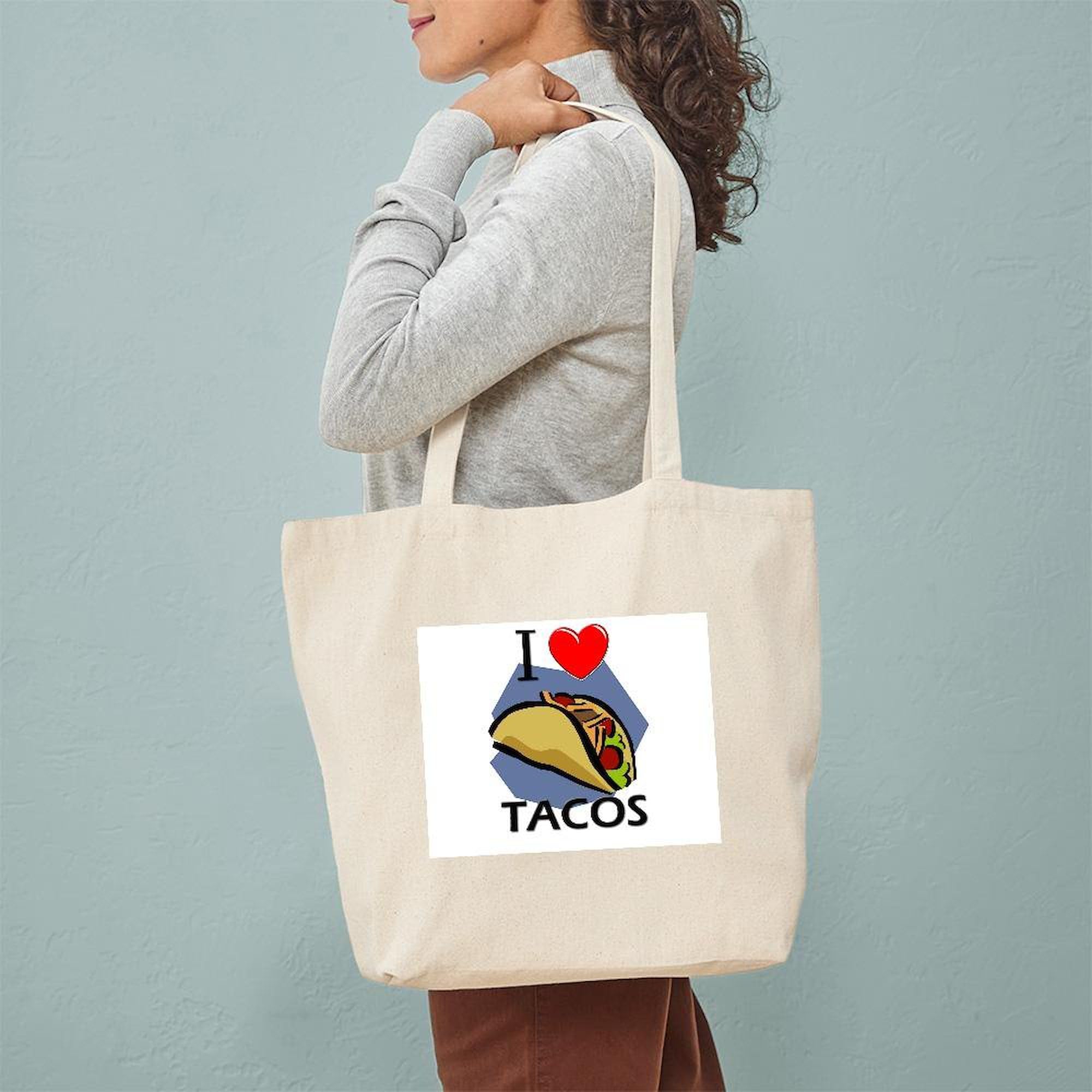 I Love Tacos Tote Bag - Natural Canvas Reusable Grocery Shopping Bag for Women & Men - Perfect for Farmers Market, Beach Trips & Eco-Friendly Lifestyle