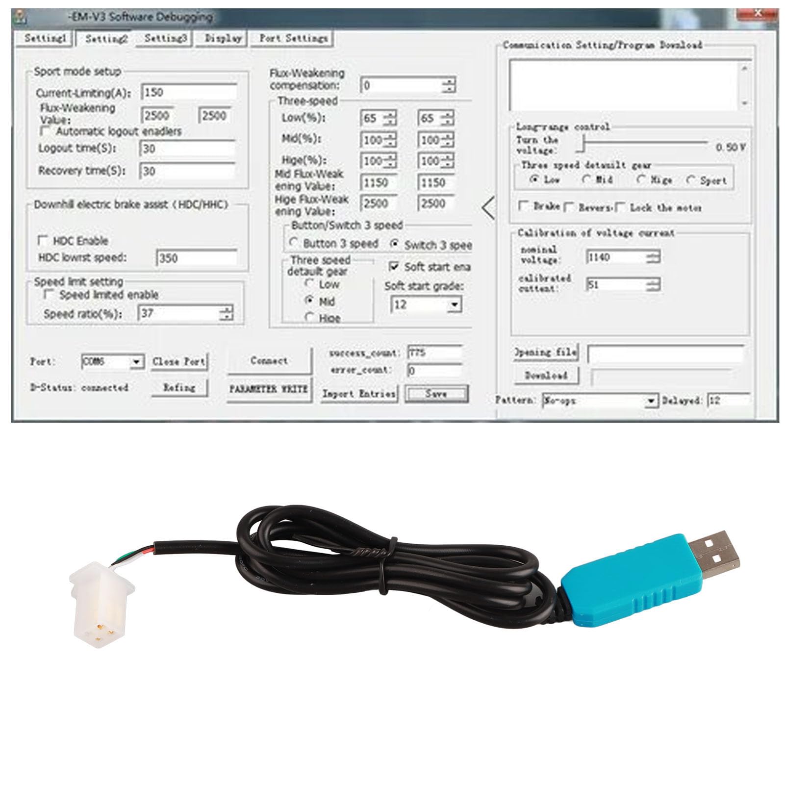 VOTOL Electric Motorcycle Controller Cable - RS323 USB Cable for Stable & Sensitive Performance | Compatible with VOTOL Controllers | Perfect for DIY Repairs, Upgrades & Electric Bike Maintenance