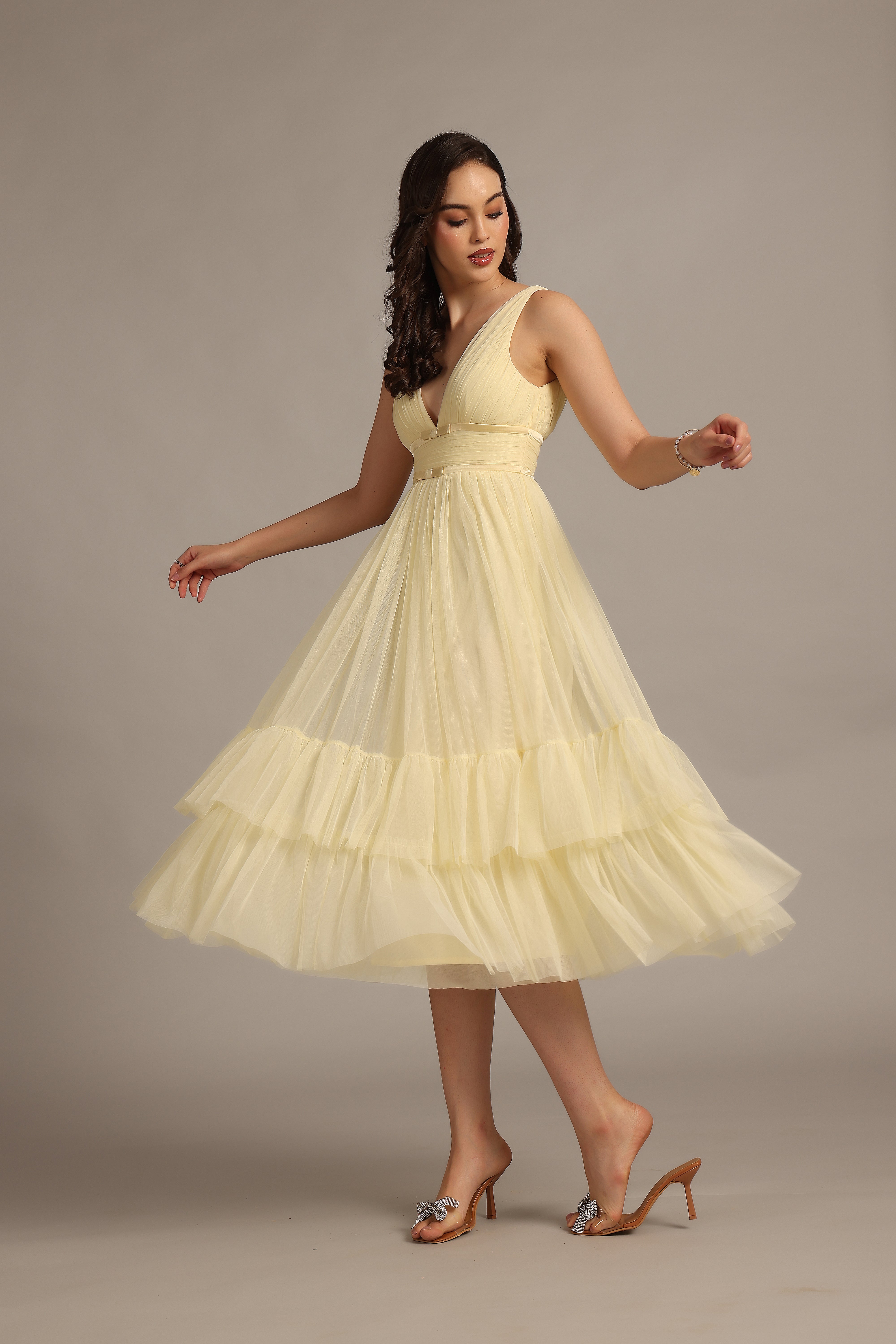 Nymeria Floral Midi Dress in Buttercup Yellow - Perfect for Spring Weddings & Garden Parties