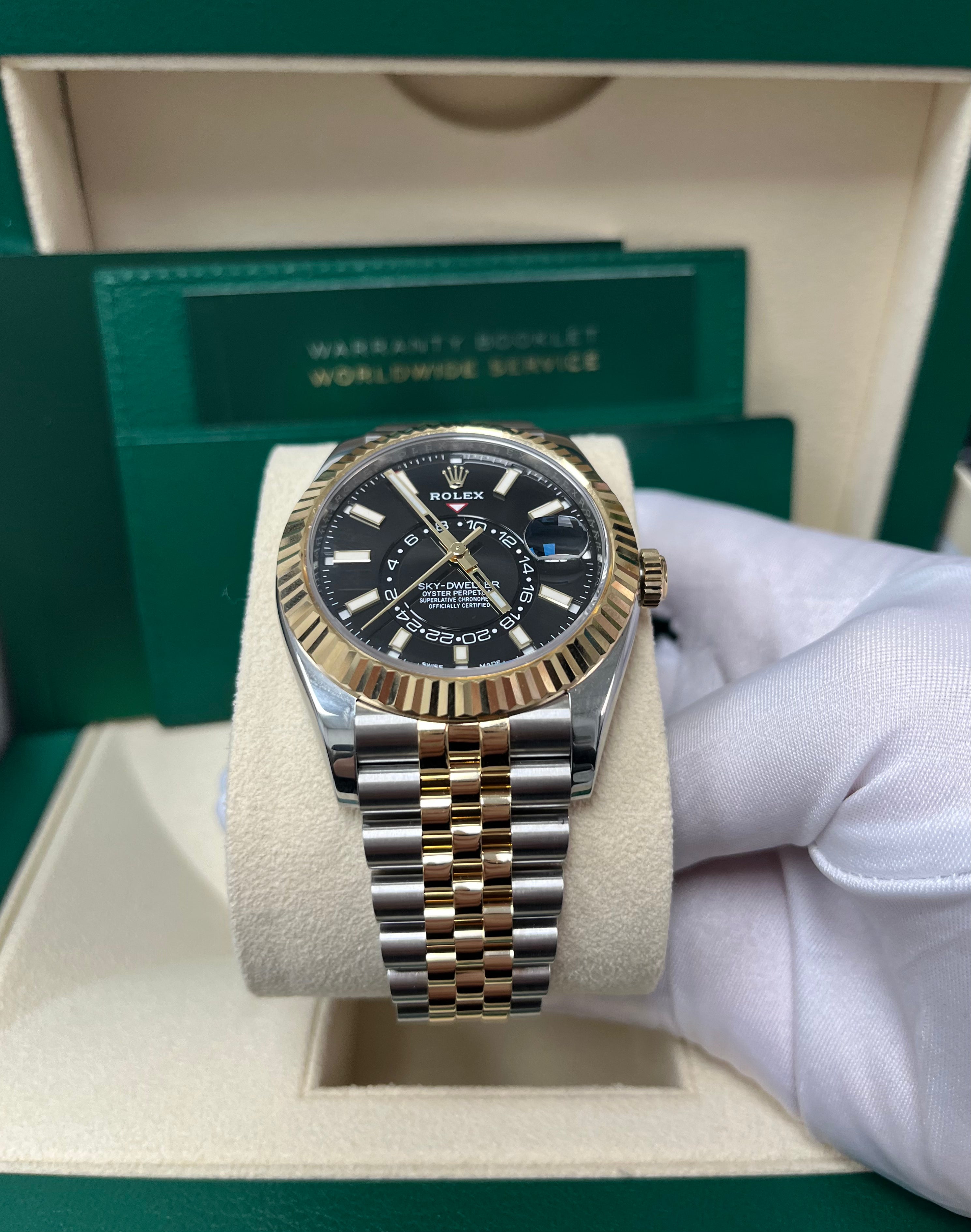 Rolex Sky-Dweller Yellow Rolesor Watch - Black Index Dial, Jubilee Bracelet Ref 326933 | Luxury Men's Watch for Business Travel & Formal Occasions