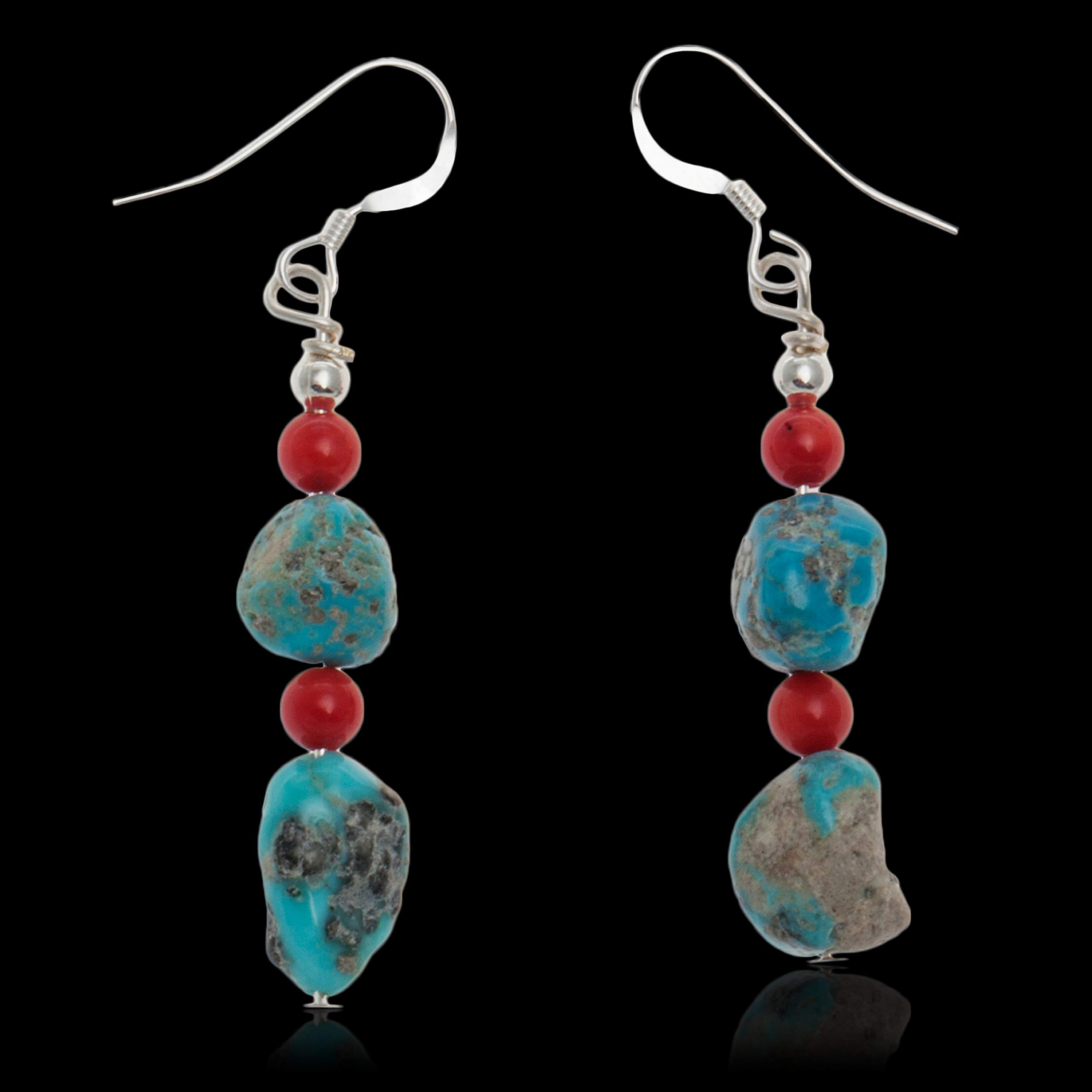 Authentic Navajo Native American Turquoise Coral Dangle Earrings with Sterling Silver Hooks - Handcrafted by Loma Siiva - Perfect for Boho Fashion & Southwest Style Jewelry Collection
