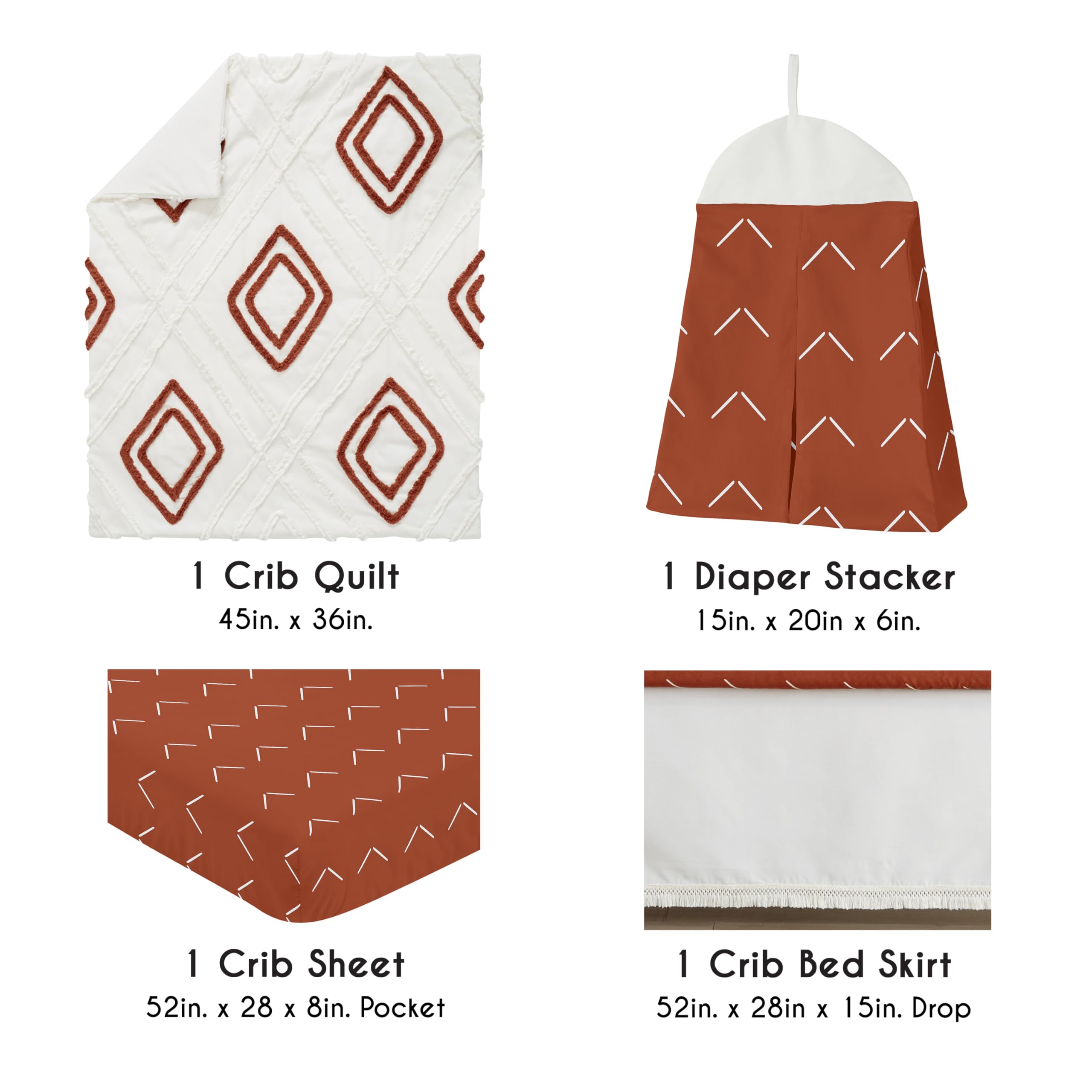 Sweet Jojo Designs 4-Piece Baby Crib Bedding Set - Boho Chic Gender Neutral Nursery Set with Blanket, Fitted Sheet, Crib Skirt & Diaper Stacker | Modern Farmhouse Style in Off White & Orange | Perfect for Boys & Girls Nursery Decor, Baby Shower Gift & Cozy Sleep Time