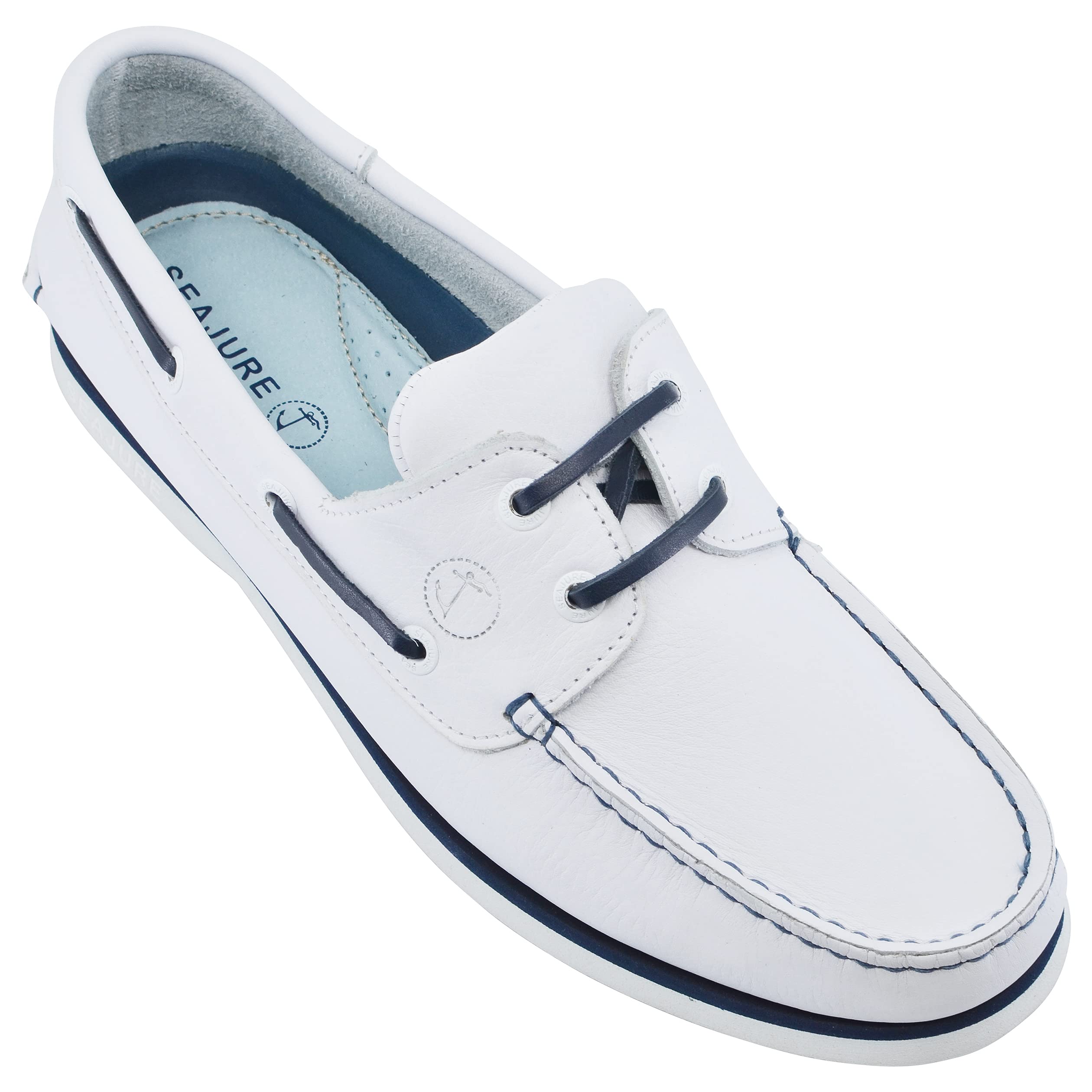 Seajure Men's Boat Shoes - White & Navy Blue Leather Deck Shoes for Casual Wear, Sailing, and Outdoor Activities