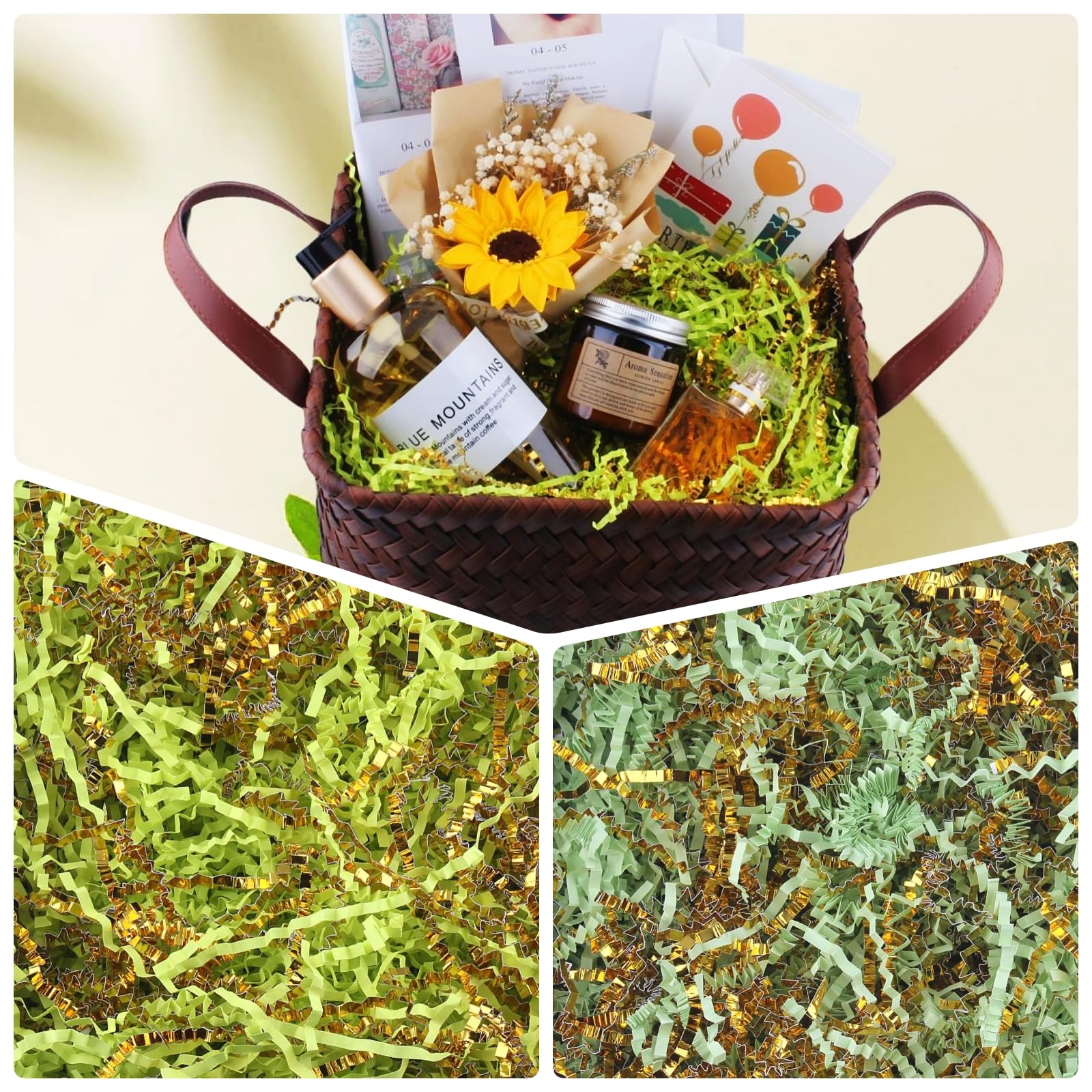 Premium Crinkle Cut Paper Shred Filler - 1 LB Bulk Gift Wrapping & Basket Filler for Christmas, Halloween, Wedding Decorations, Easter Basket Grass - Beige & Gold for Party, Crafting & DIY Projects
