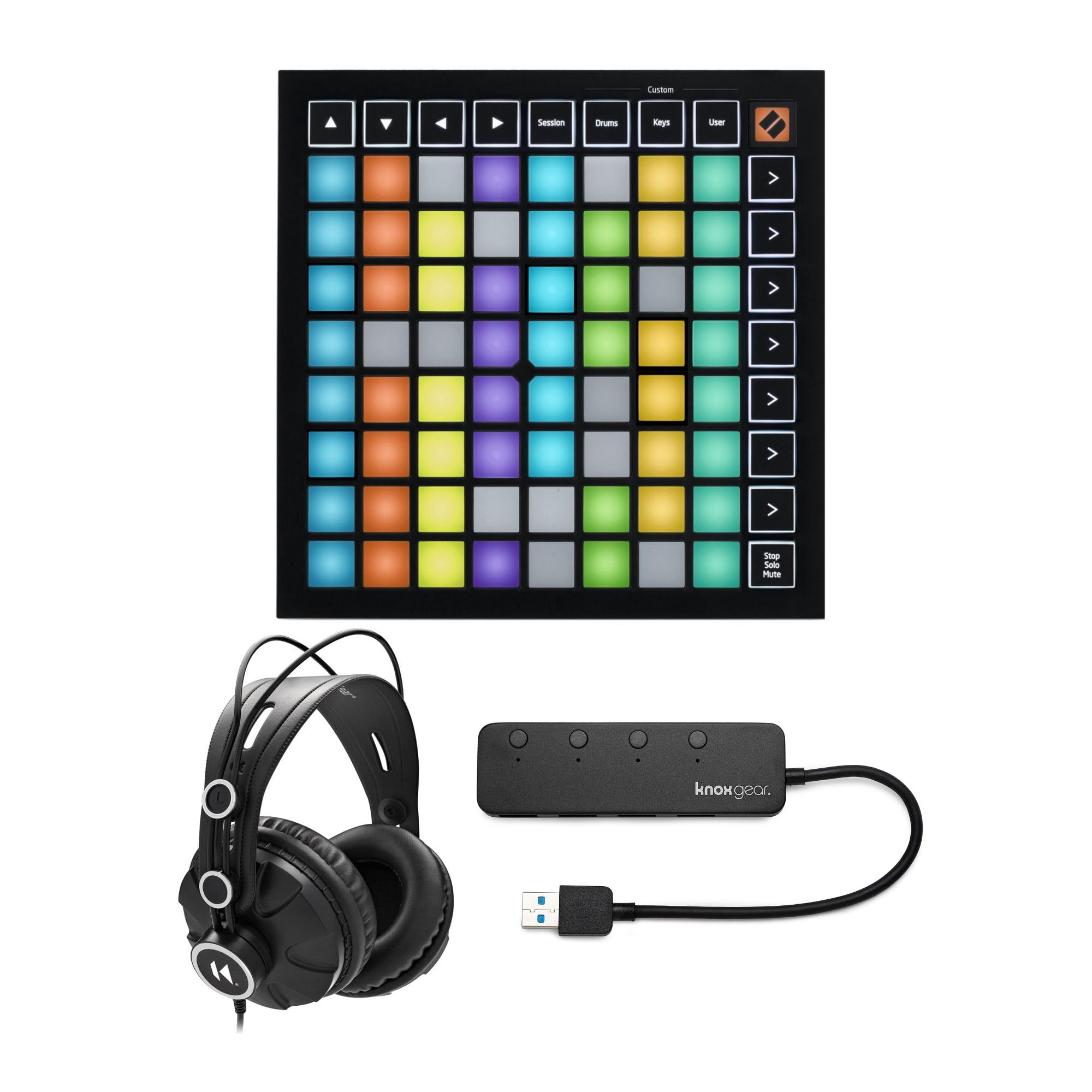 Novation Launchpad Mini MK3 MIDI Grid Controller for Ableton Live - Bundle with Studio Headphones & 4-Port USB 3.0 Hub - Perfect for Music Production, Live Performance & Home Studio Setup