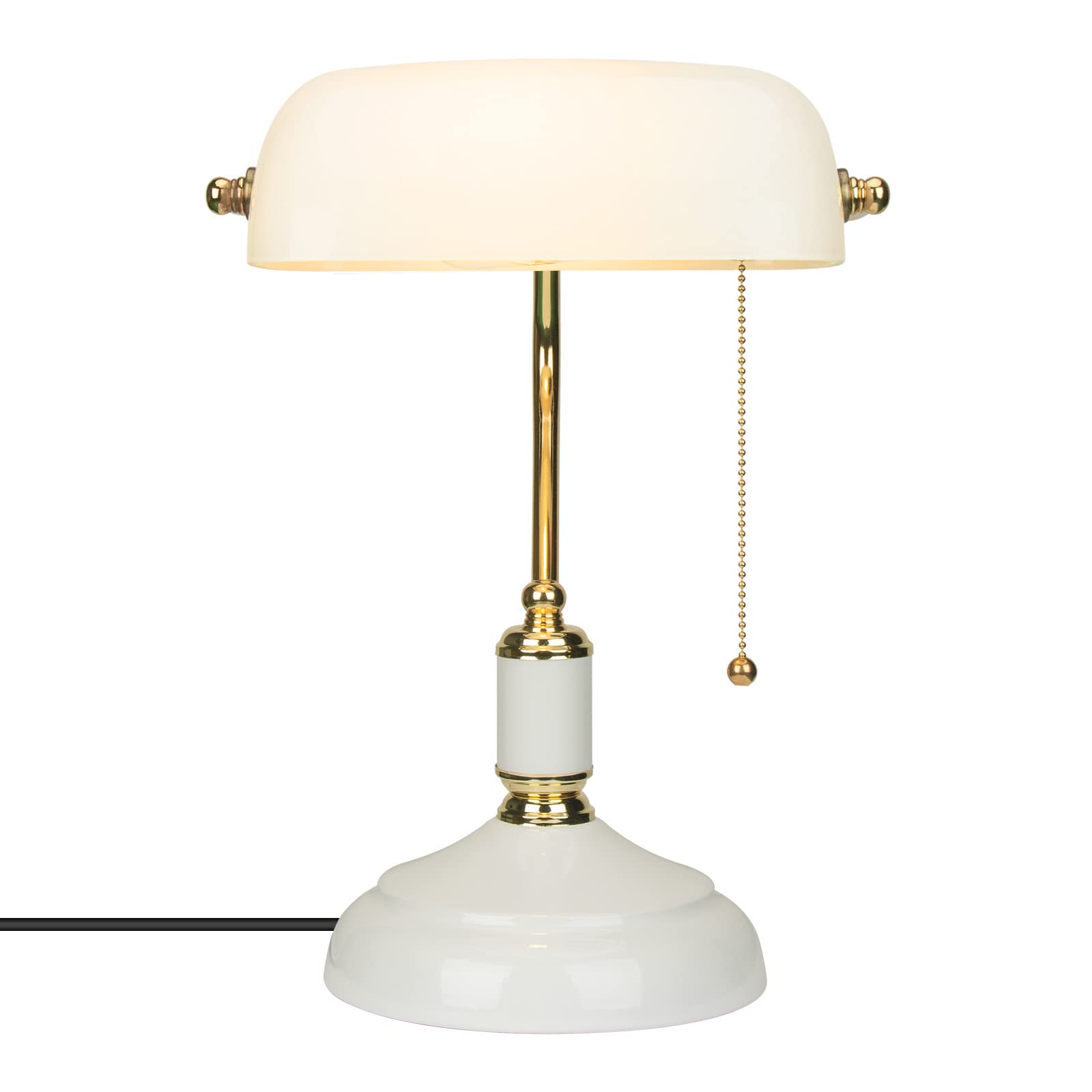 FIRVRE Classic Retro Glass Bankers Desk Lamp - Vintage Style Table Lamp for Home Office, Study, Library, Nightstand & Bedside Reading (White) | Perfect for Cozy Workspaces & Relaxing Evenings