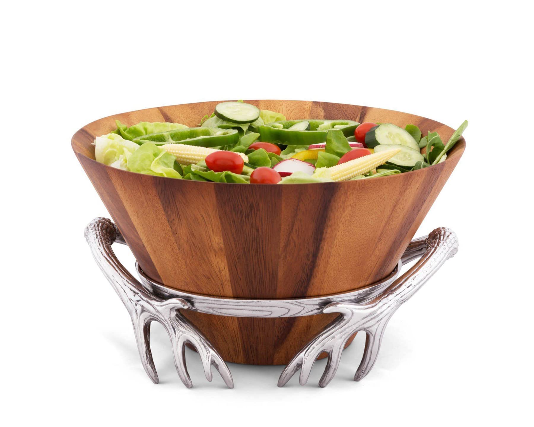 Premium Acacia Wood Salad Bowl with Antler Pattern Aluminum Stand - 8
