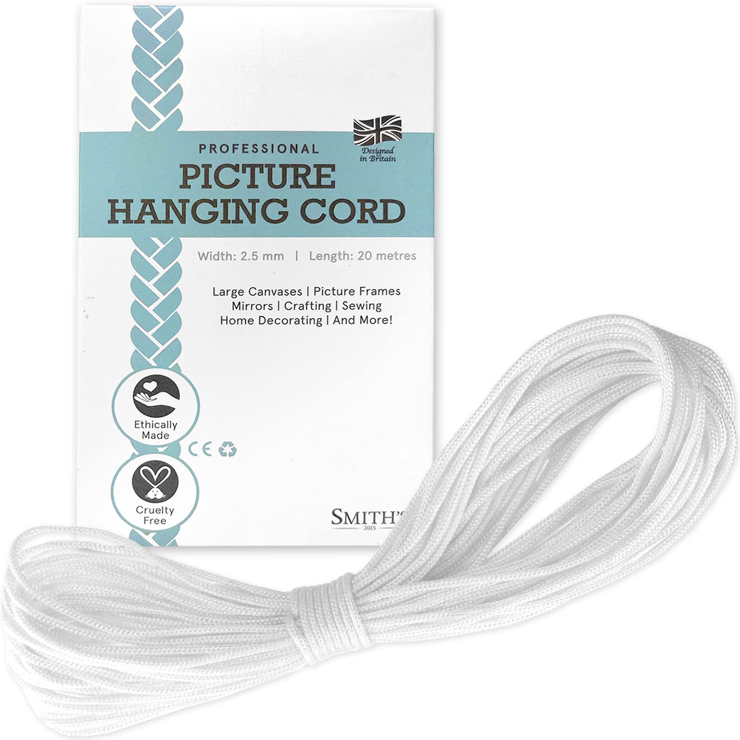 Smith’s® Extra Strong Picture Hanging Cord (20m x 2.5mm) - 30kg Heavy Duty Braided Rope with Matte Finish - Ideal for Hanging Pictures, Mirrors, Paintings & Wall Decor - Perfect for Home, Office & DIY Craft Projects